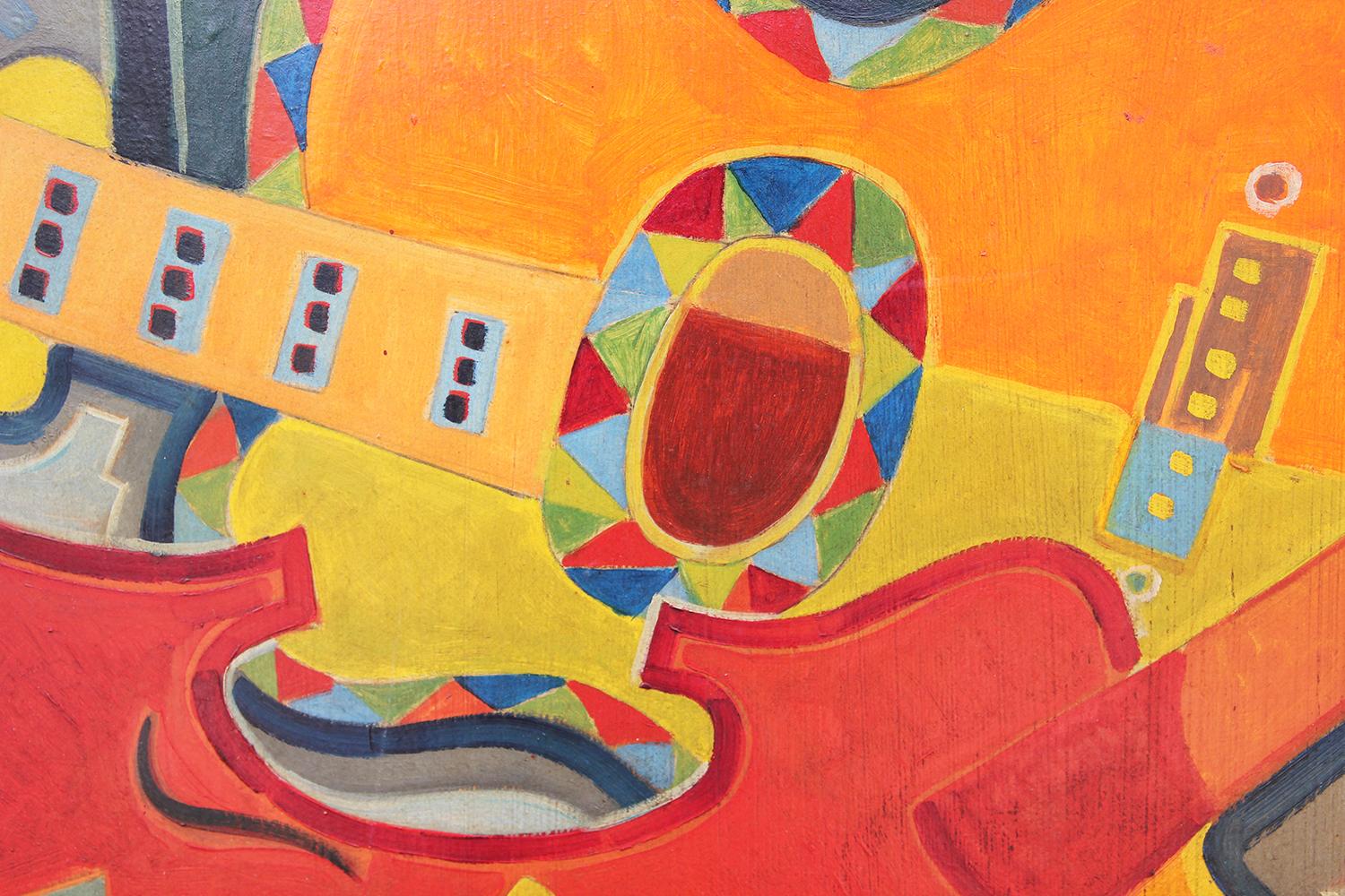 Modern Cubist Red, Orange, and Yellow Abstract Still Life with Violin and Guitar 10