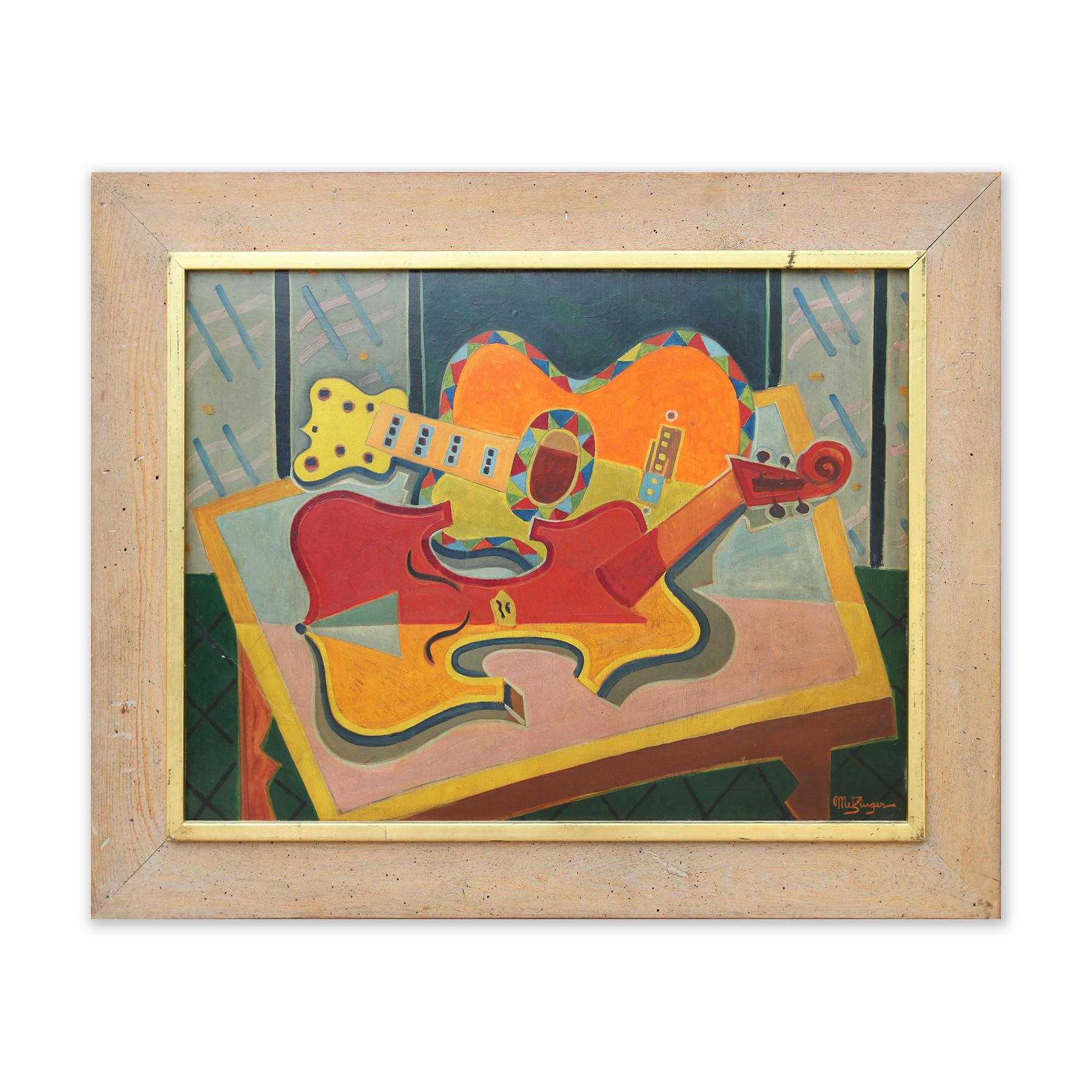 Modern Cubist Red, Orange, and Yellow Abstract Still Life with Violin and Guitar - Painting by Jean Metzinger