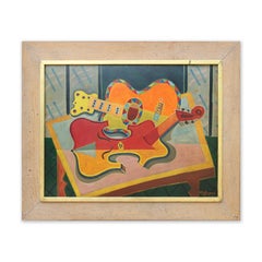 Modern Cubist Red, Orange, and Yellow Abstract Still Life with Violin and Guitar