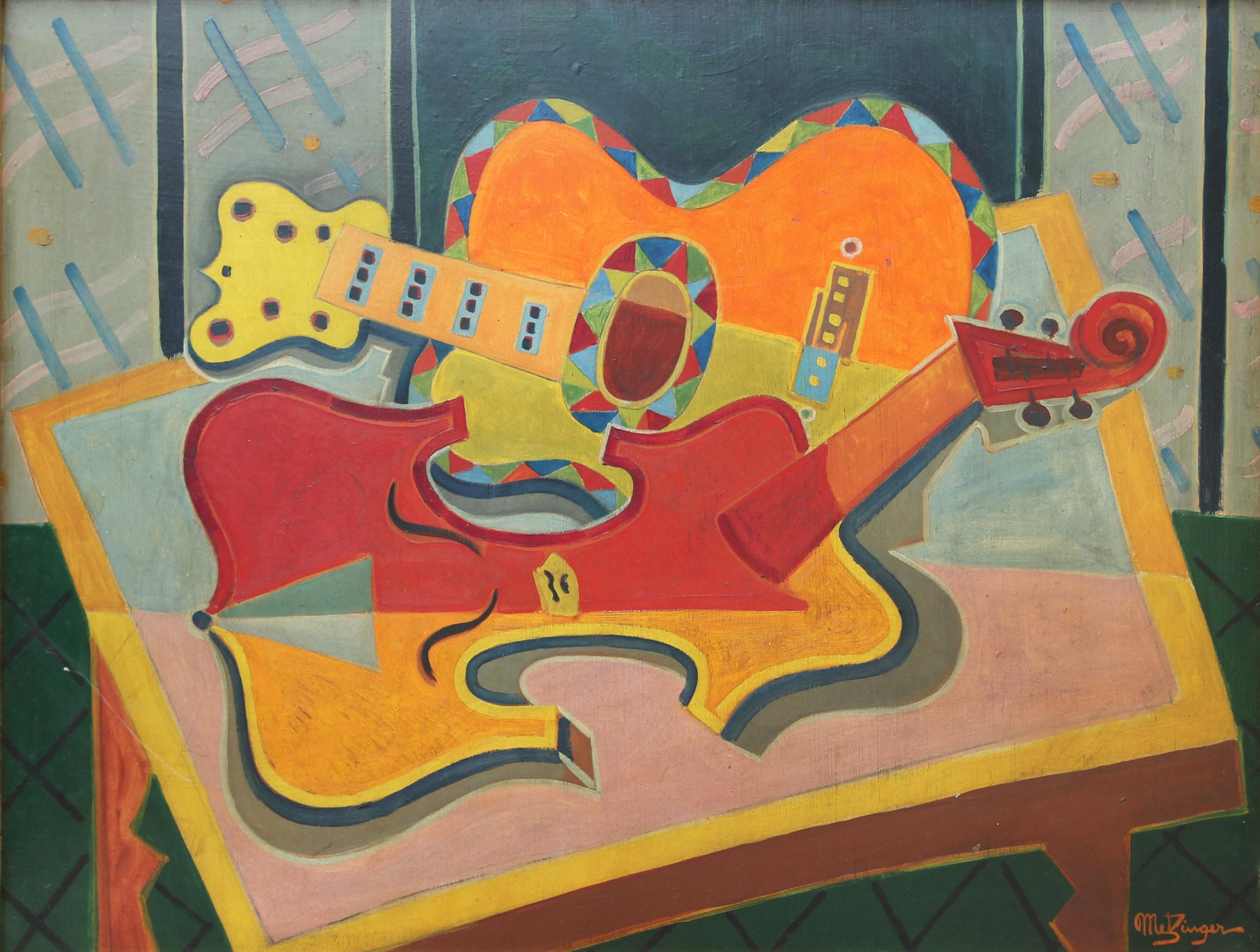 Modern Cubist Red, Orange, and Yellow Abstract Still Life with Violin and Guitar 1