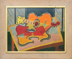 Modern Cubist Red, Orange, and Yellow Abstract Still Life with Violin and Guitar
