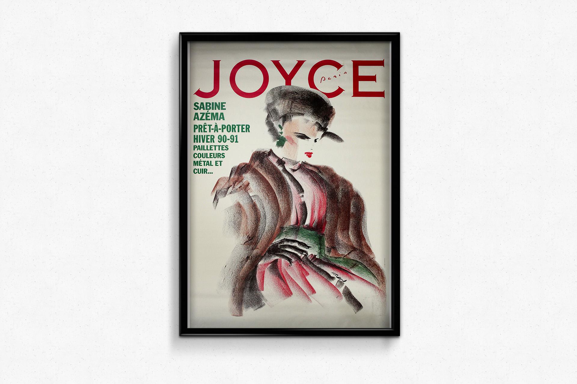 Cette superbe affiche de mode originale de 1990, créée par l'artiste ICon, annonce la collection d'hiver 1990-91 de Prêt-à-Porter pour la célèbre boutique parisienne Joyce. Mettant en scène la célèbre actrice française Sabin Eleg, cette œuvre d'art