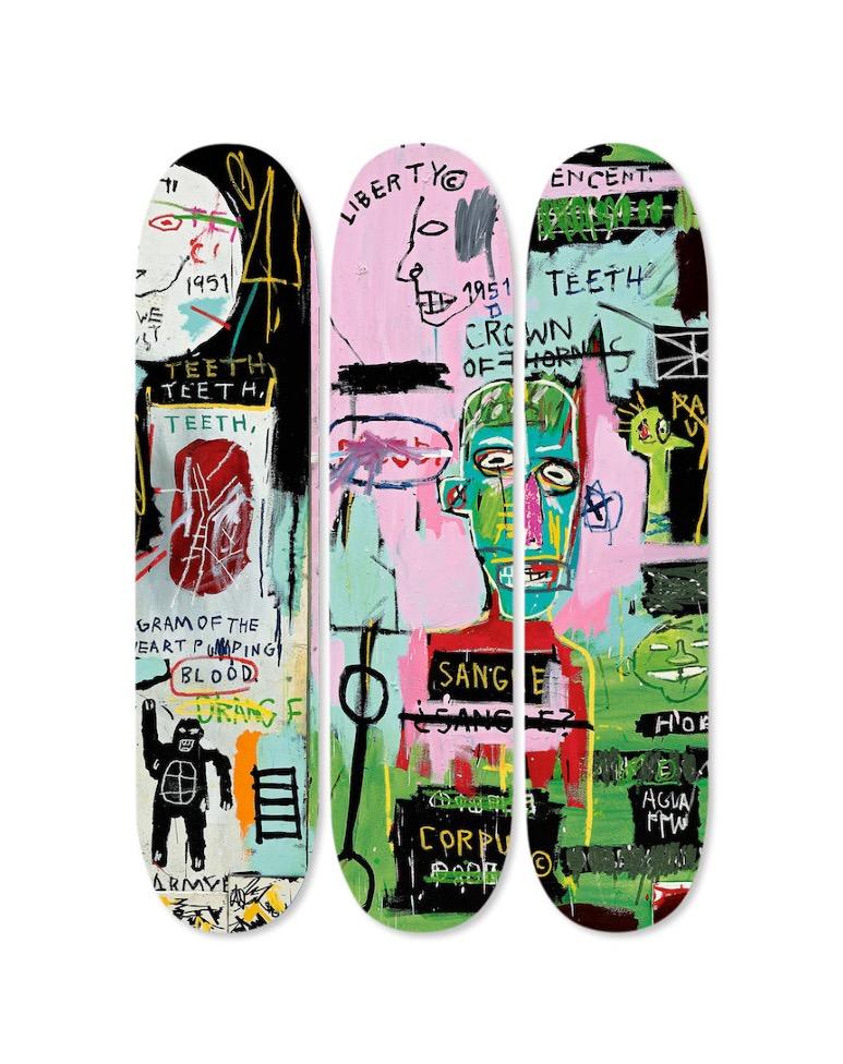 The Skateroom x Estate of Jean-Michel Basquiat
In Italian Skateboard Triptych, 2014
7 ply Grade A Canadian Maple wood (Set of 3)
31 1/2 × 7 9/10 in  80 × 20 cm
Open edition 
Licensed by Artestar, New York