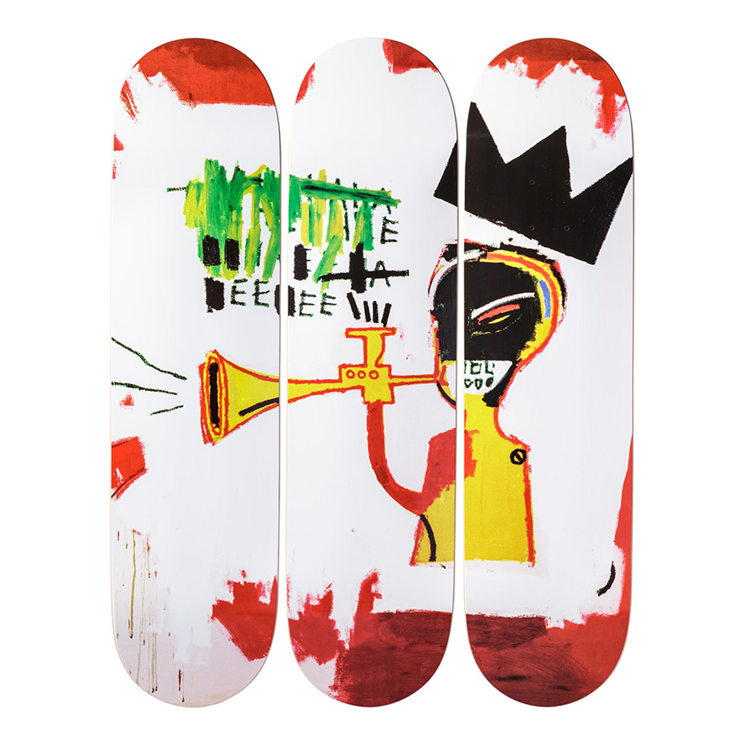 The Skateroom x Succession de Jean-Michel Basquiat
Trumpet Skateboard Decks, ensemble de trois œuvres, 2019
Sérigraphie sur bois d'érable canadien 7 plis.
31 1/2 × 8 in  80 × 20.3 cm
Edition ouverte 
Sous licence Artestar, New York