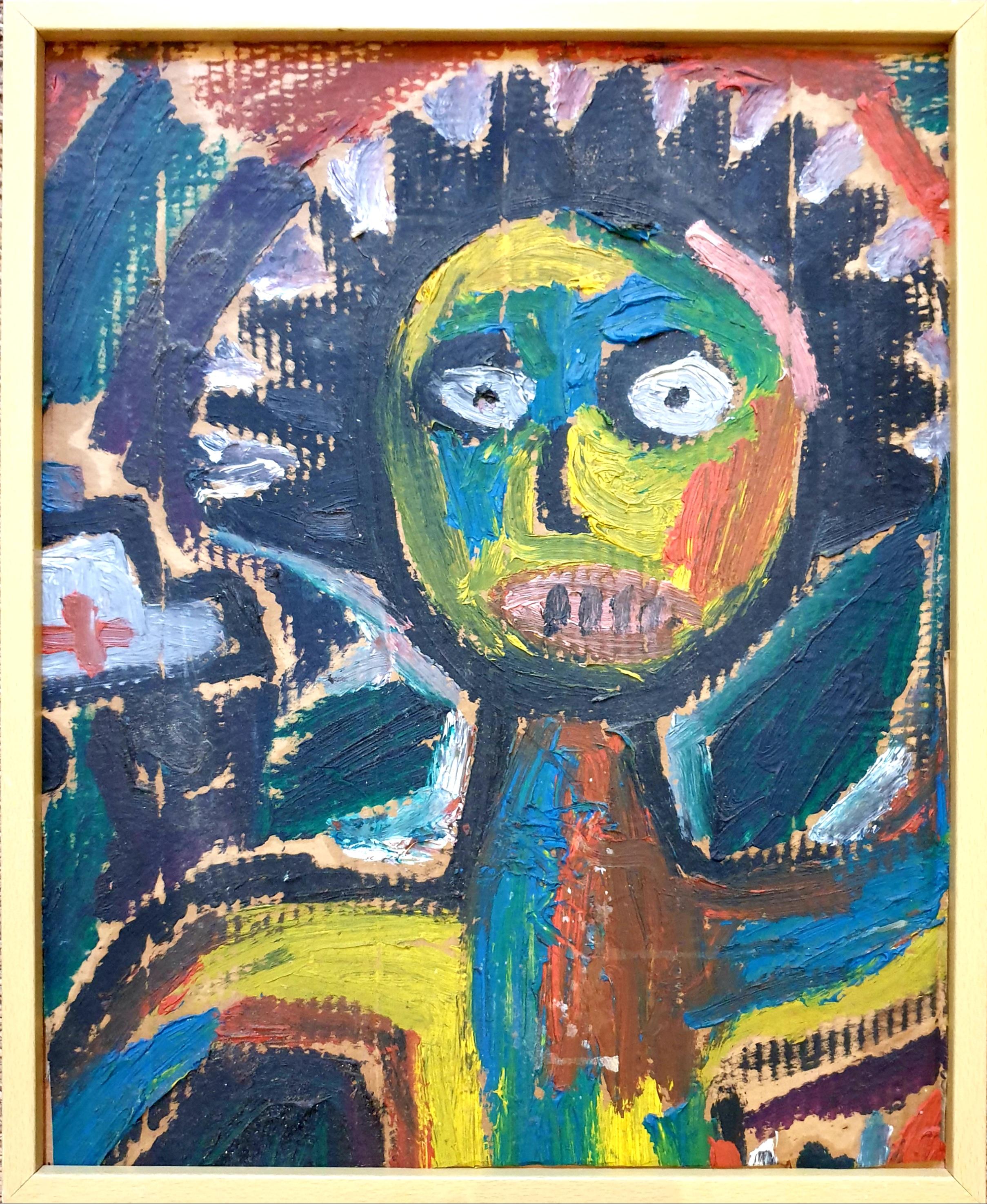 Jean-Michel Basquiat Figurative Painting - Neo-Expressionist Hommage to Basquiat. Acrylic on Cardboard.