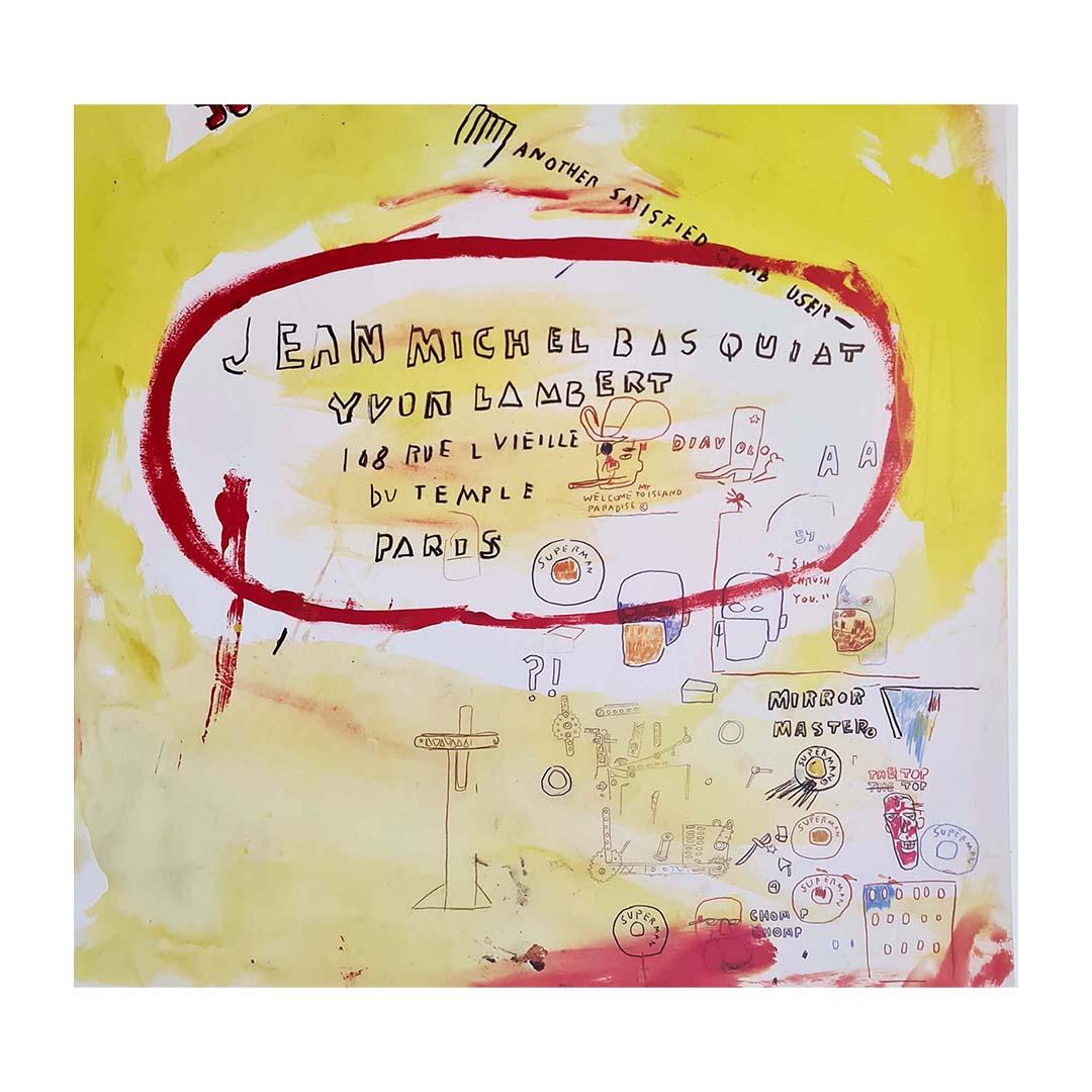  Dernière affiche originale réalisée par Basquiat pour sa dernière exposition avant sa mort en 1988.

La vie dramatique de Jean-Michel Basquiat et ses tableaux emblématiques - qui présentent des gribouillages obsessionnels, des symboles et des