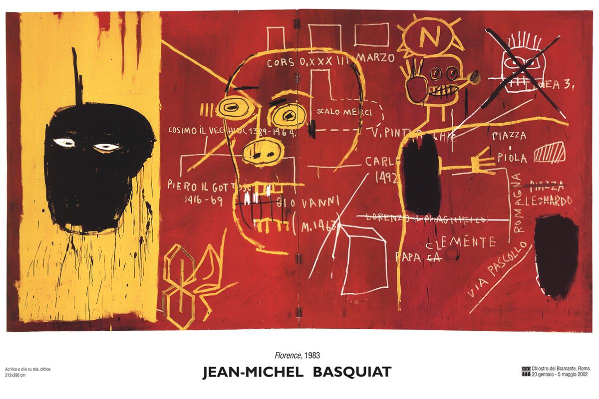 Reproduction of a work by Jean-Michel Basquiat published for a retrospective at a museum in Italy in 2002. The image of “Florence, 1983” originally a very large painting on acrylic and oil-stick on hinged canvases was used for the design of this