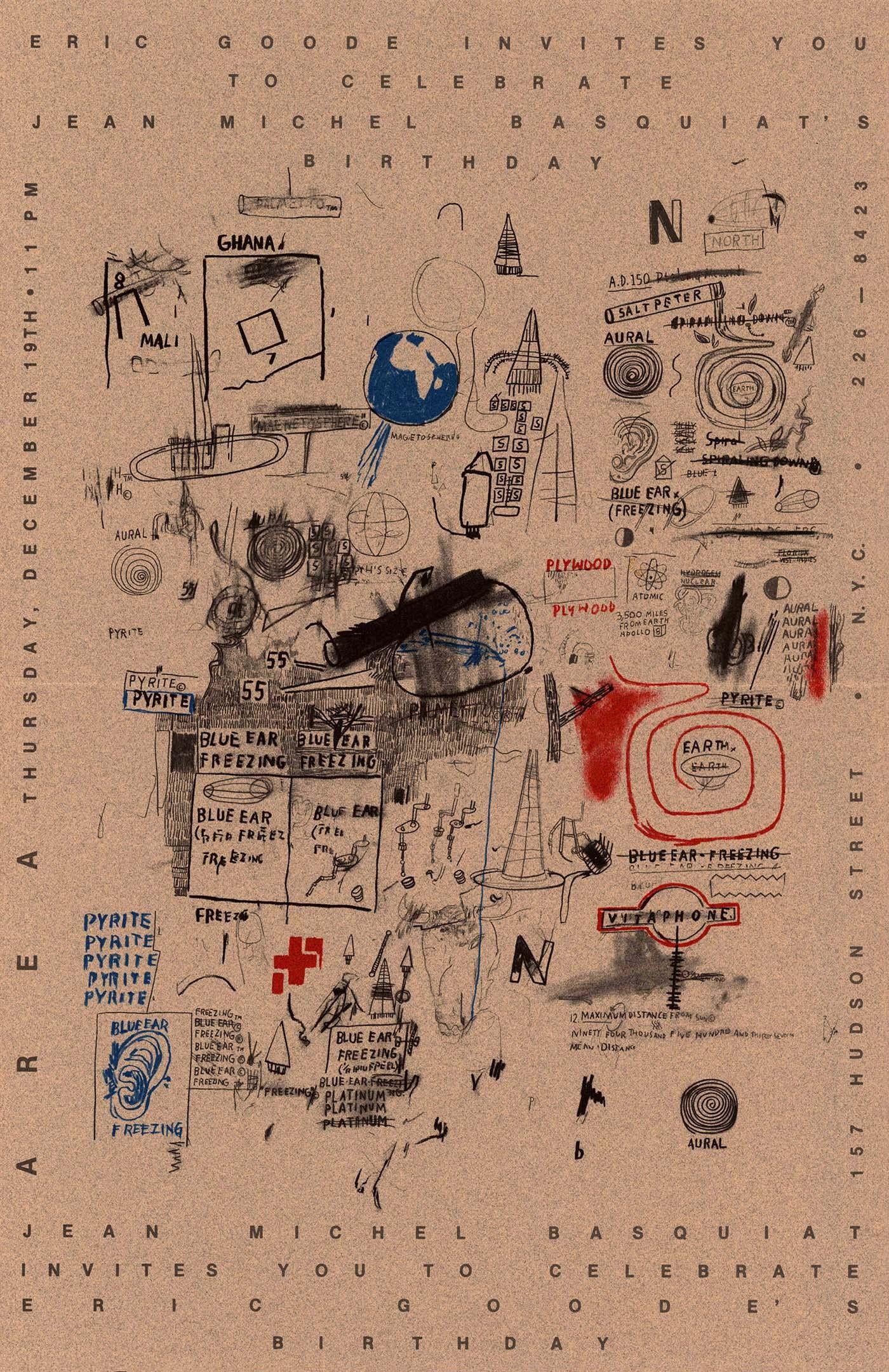Jean-Michel Basquiat Area 1985:
Basquiat illustrated this incredibly rare printed invitation on the occasion of his December 19th, 1985 birthday at the much historic, 1980s NY nightclub, Area. A VIP invite celebrating Basquiat's birthday alongside