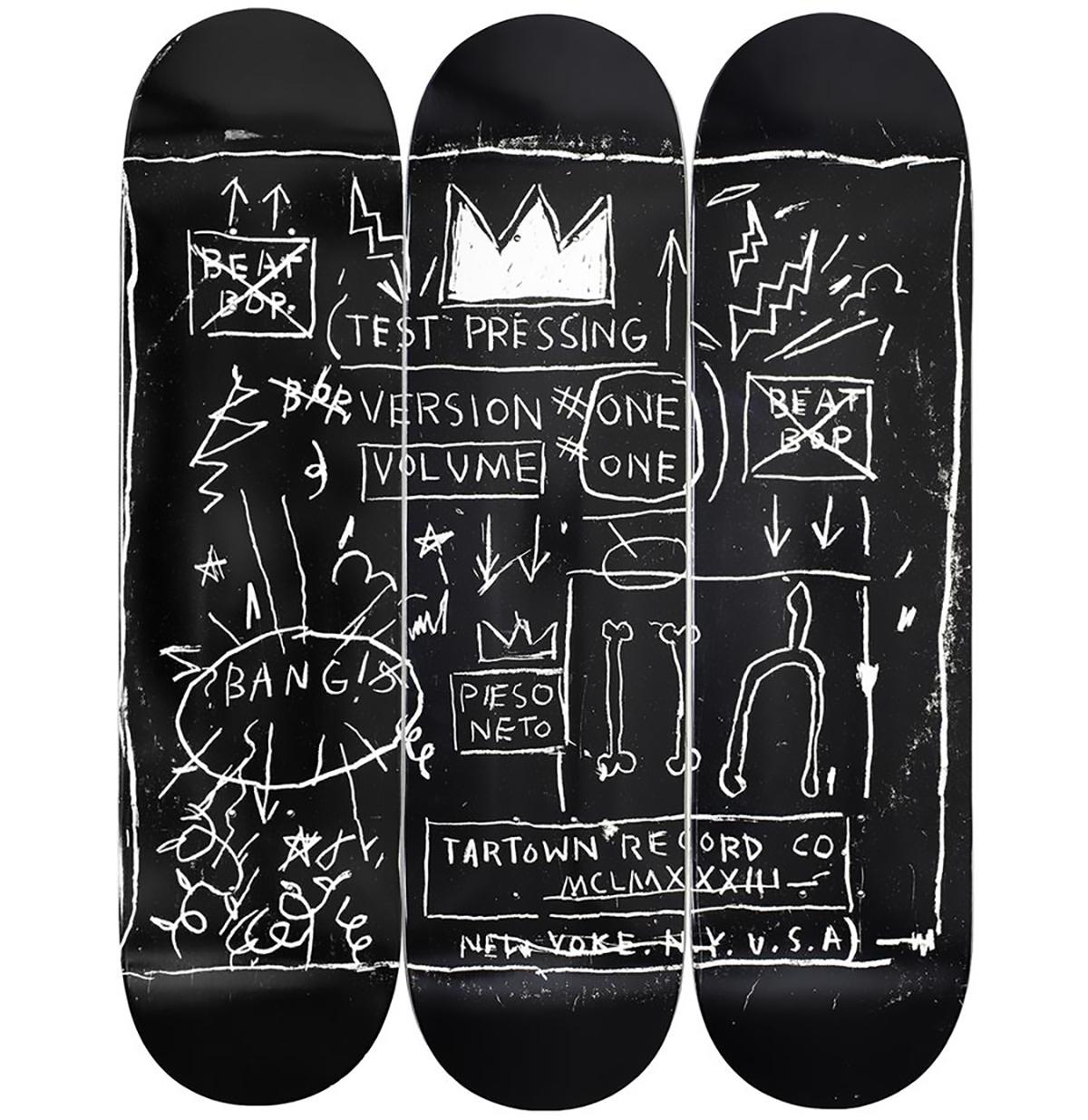 Basquiat Beat Bop Skateboard Decks (set of 3):
Jean-Michel Basquiat Skateboard Deck Triptych licensed by the Estate of Jean Michel Basquiat in conjunction with Artestar/Rome Pays Off, featuring brilliantly rendered imagery of the much iconic