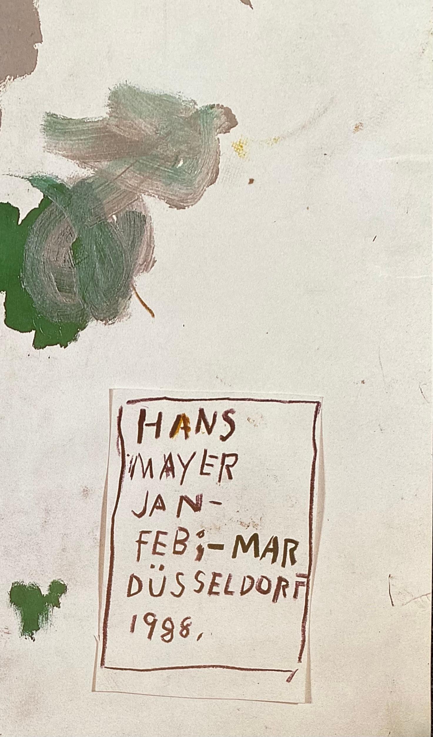 Basquiat Galerie Hans Mayer Düsseldorf 1988: 
A rare, exceptional 1980s Basquiat illustrated exhibition poster published on the occasion of 'Jean-Michel Basquiat at Galerie Hans Mayer Düsseldorf, Grabbeplatz 2 Jan 1st – Mar 31st 1988'. 

A standout