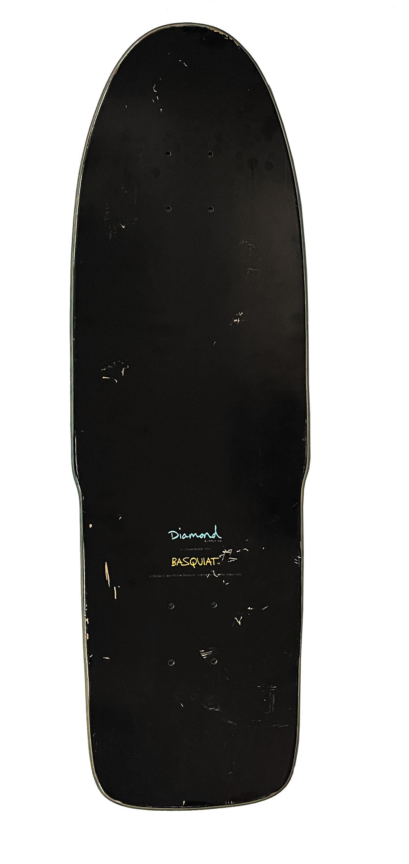 Jean-Michel Basquiat Skateboard Deck:
Limited edition skate deck licensed by the Estate of Jean Michel Basquiat in conjunction with Artestar in 2018, featuring the much iconic early eighties work, (untitled) Angel. Makes for unique Basquiat wall-art