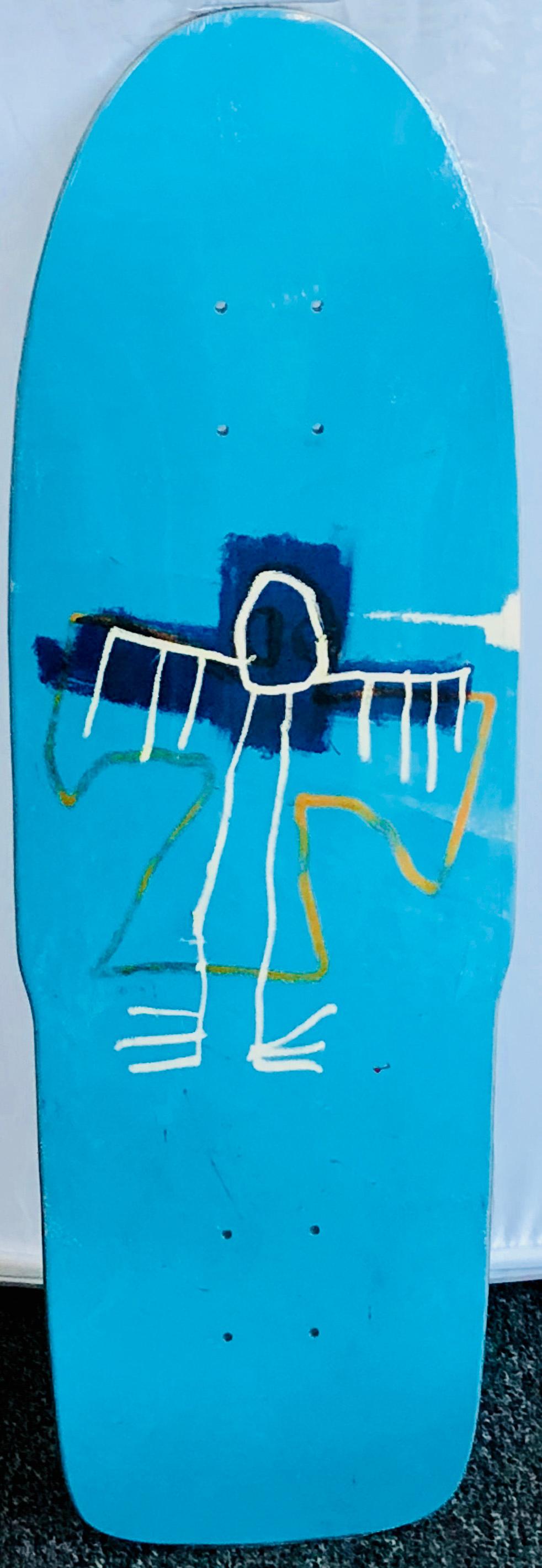 Jean-Michel Basquiat Skateboard Deck:
Limited edition skate deck licensed by the Estate of Jean Michel Basquiat in conjunction with Artestar in 2018, featuring the much iconic early eighties work, (untitled) Angel. Makes for unique Basquiat wall-art