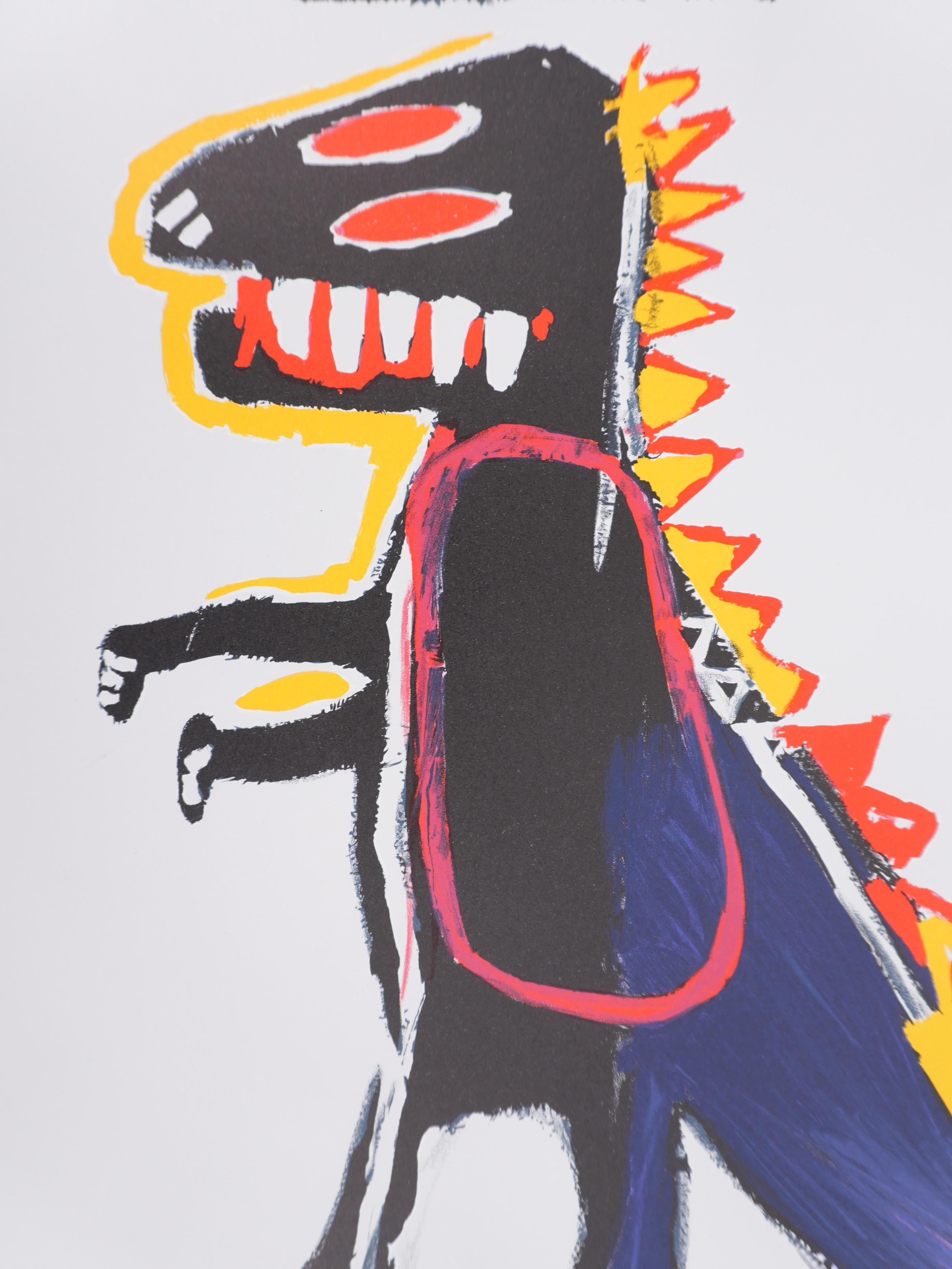 Jean-Michel Basquiat (1960-1988)
Crowned T-Rex, 1997

Lithograph 
Printed signature in the plate
On paper 76 x 56 cm (c. 29.9 x 22 in)

Published by Galerie Enrico Navarra
Authenticated by The Estate of Jean-Michel Basquiat

INFORMATION : Vintage