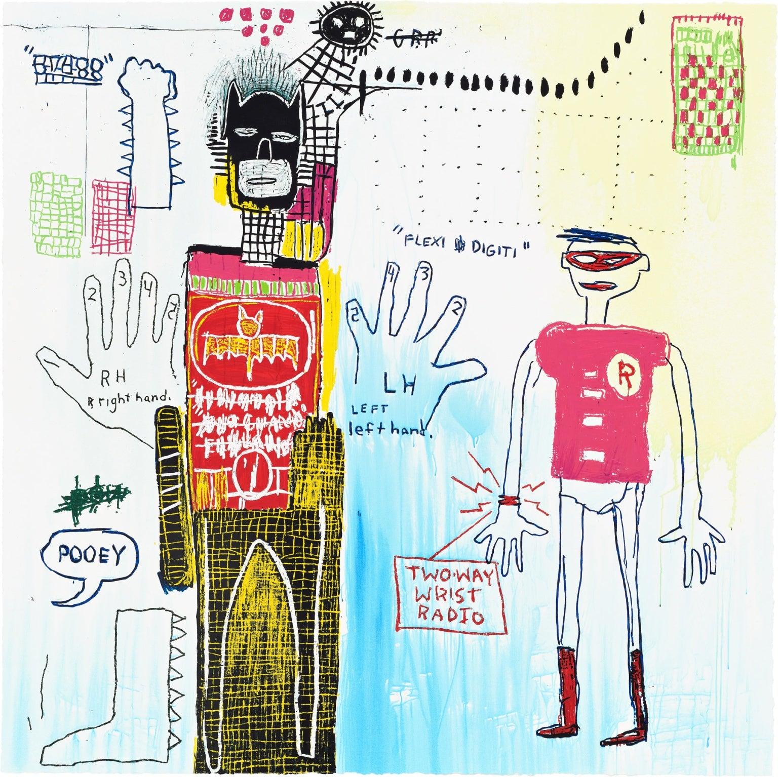 Jean-Michel Basquiat Superhero Portfolio
Artist: Jean-Michel Basquiat (after)
Title: Superhero Portfolio (Riddle Me This, A Panel of Experts, Piano Lesson, and Flash In Naples)
Portfolio: 1982-87/2022 Superhero Portfolio
Medium: Set of four