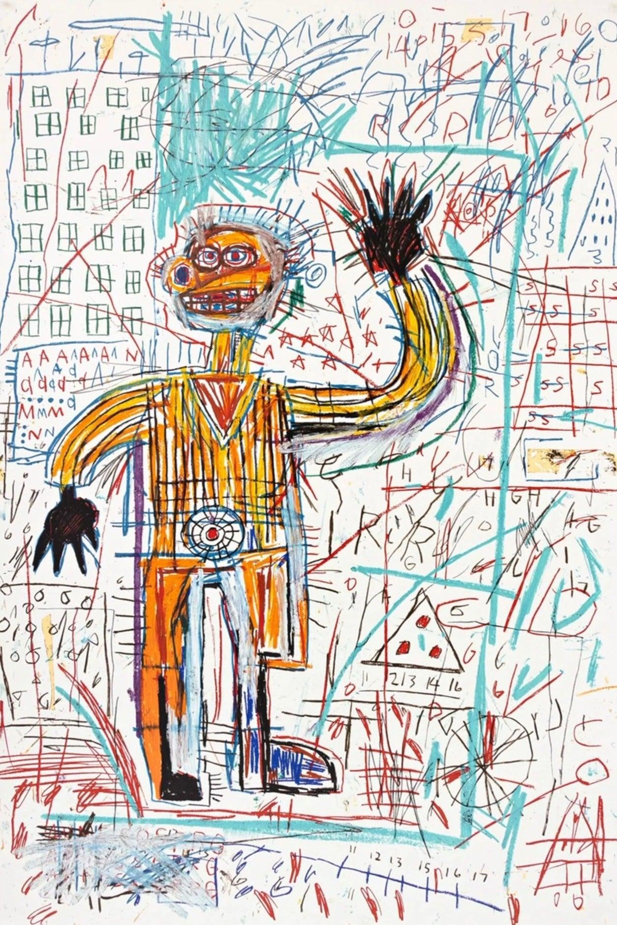 Künstler: Jean-Michel Basquiat (nach)
Titel: Unbenannt
Portfolio: 1982/2023 Das Figurenportfolio
Medium: Handgezogener Siebdruck
Jahr: 2023
Auflage: 79/85
Rahmen Größe: 55 3/4" x 39 3/4"
Blattgröße: 48" x 32"
Signatur: Verso gestempelt und signiert