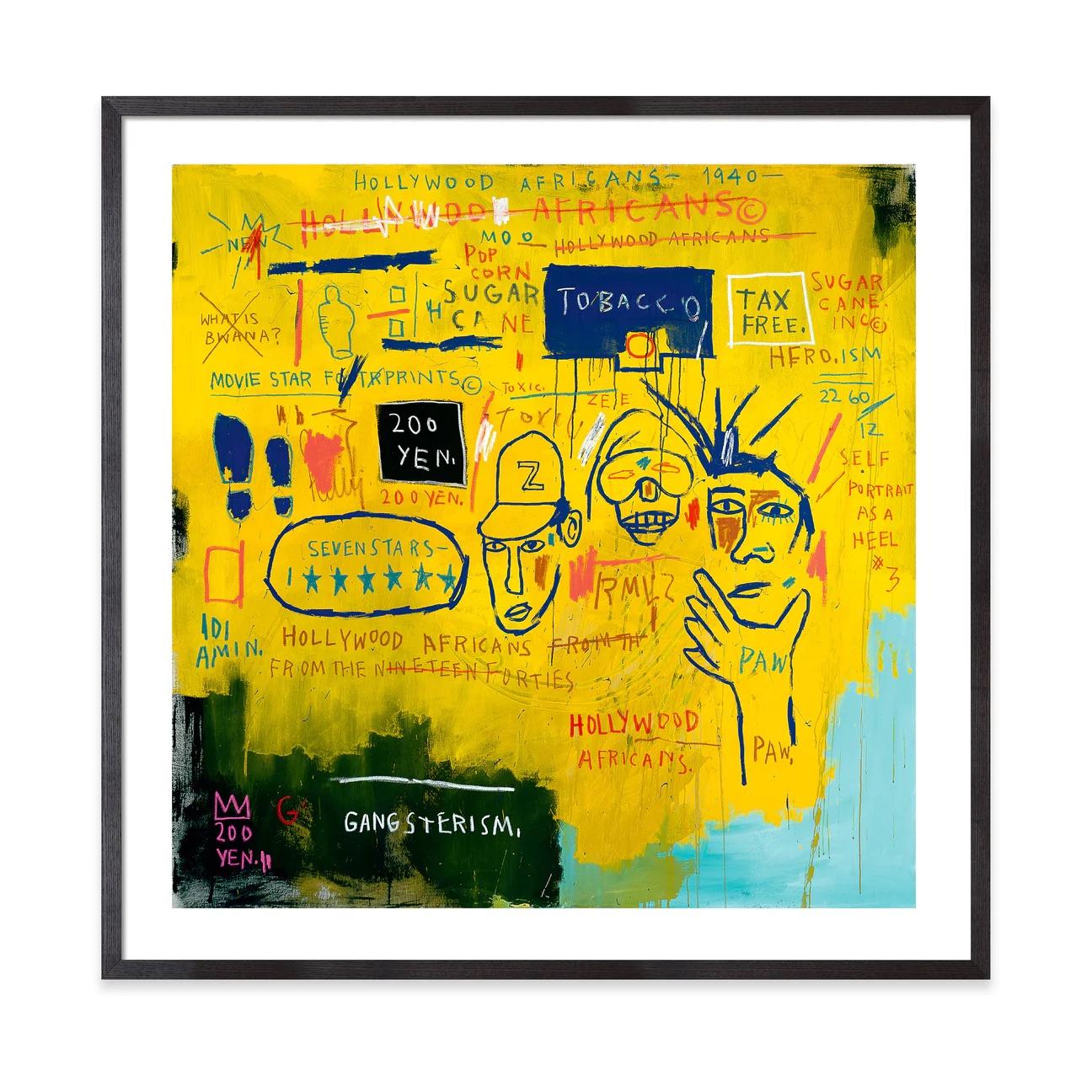 Jean-Michel Basquiat
Hollywood Africans, 1983/2021
Print on heavy watercolor paper and framed in black solid wood with a white acid-free mat and gallery acrylic finish
29 × 29 × 1 in  73.7 × 73.7 × 2.5 cm
Frame included

This Jean-Michel Basquiat