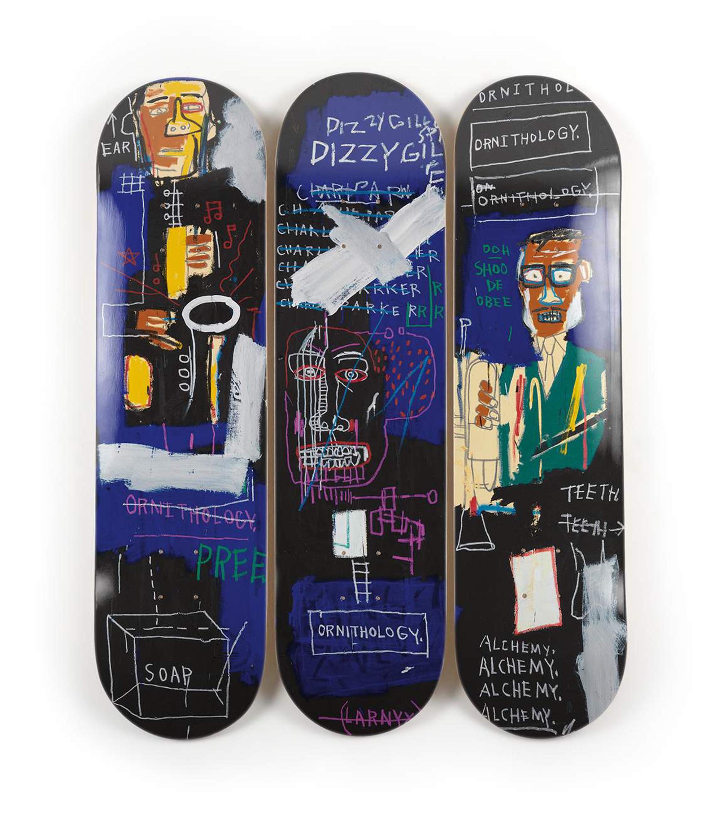 The Skateroom x Succession de Jean-Michel Basquiat
Les joueurs de Horn (1983)
Impression sur bois d'érable canadien 7 plis Grade A (lot de 3)
31 1/2 × 7 9/10 in  80 × 20 cm
Edition ouverte 
Sous licence Artestar, New York