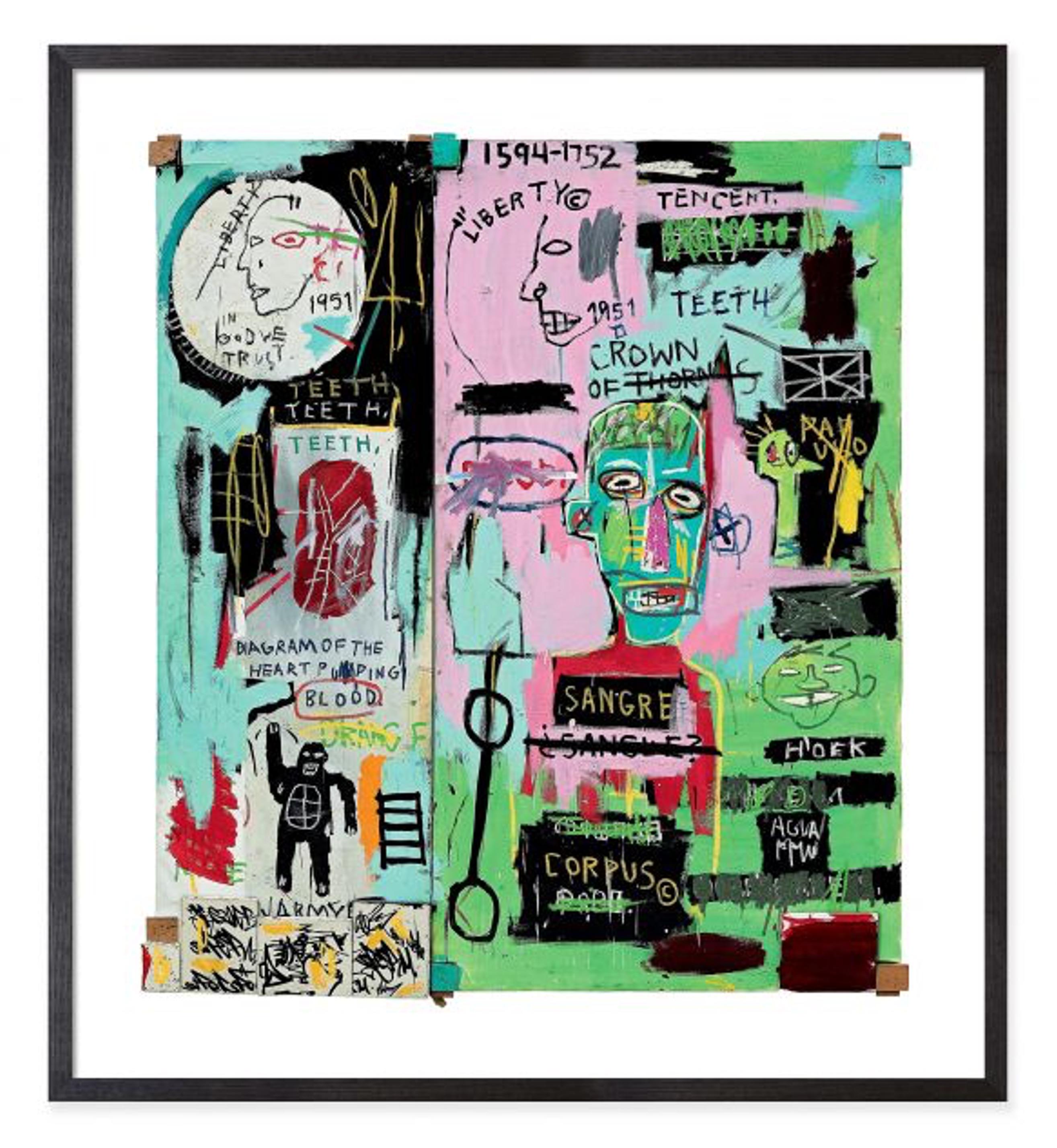 Jean-Michel Basquiat - Auf Italienisch (gerahmt)

Größe - 29h x 26w x 1 "d

MATERIALIEN - Druck auf Papier, in Holz gerahmt

Beschreibung
Dieser gerahmte Druck von Jean-Michel Basquiat zeigt eine Reproduktion von In Italian (1983), einem Werk von