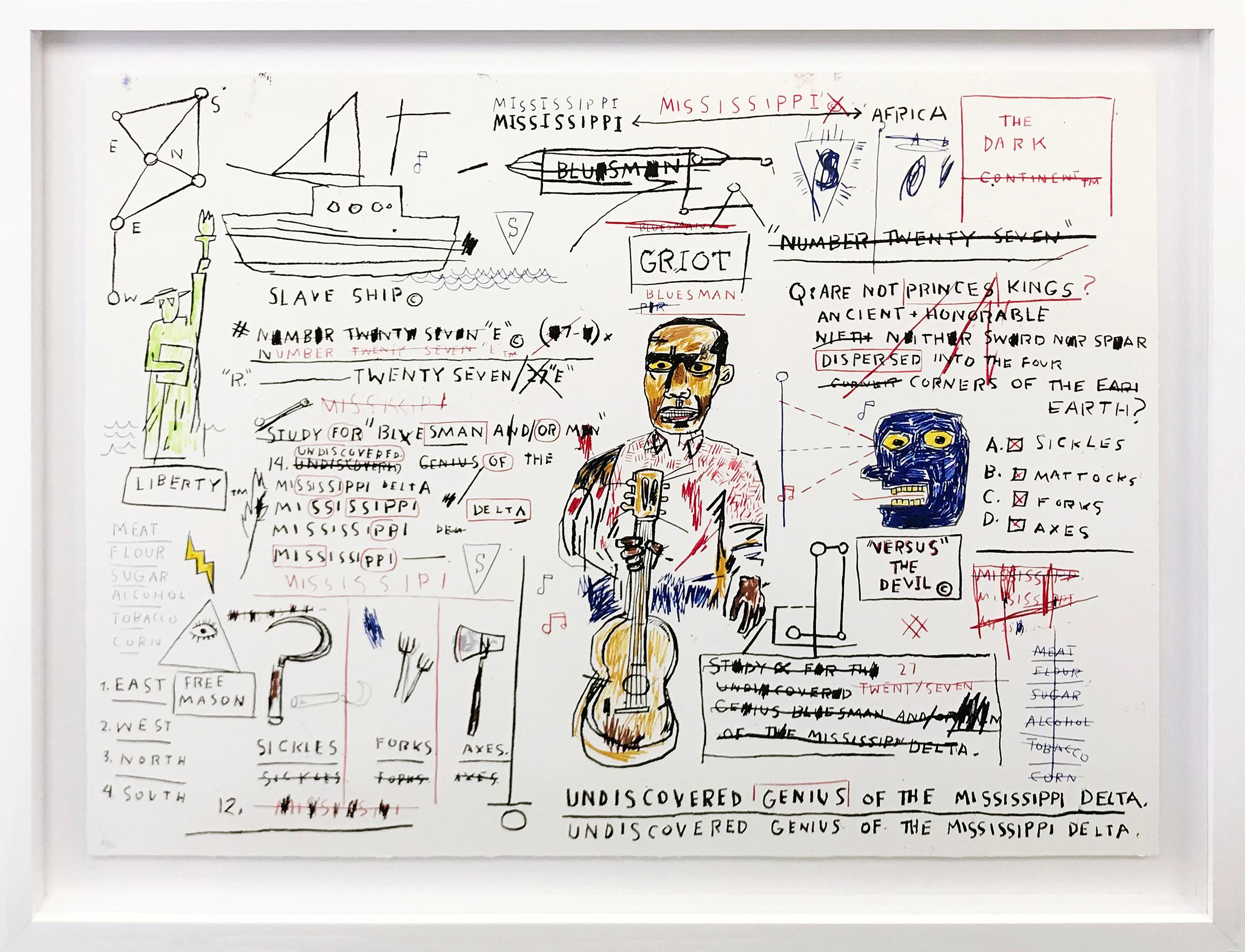 Conçue en 1982-1983 et imprimée en 2019. Sérigraphie en couleurs. Chacune porte le cachet et la signature au verso de Lisane Basquiat et Jeanine Heriveaux, sœurs de l'artiste et administratrices de la succession de Jean-Michel Basquiat. Taille de la