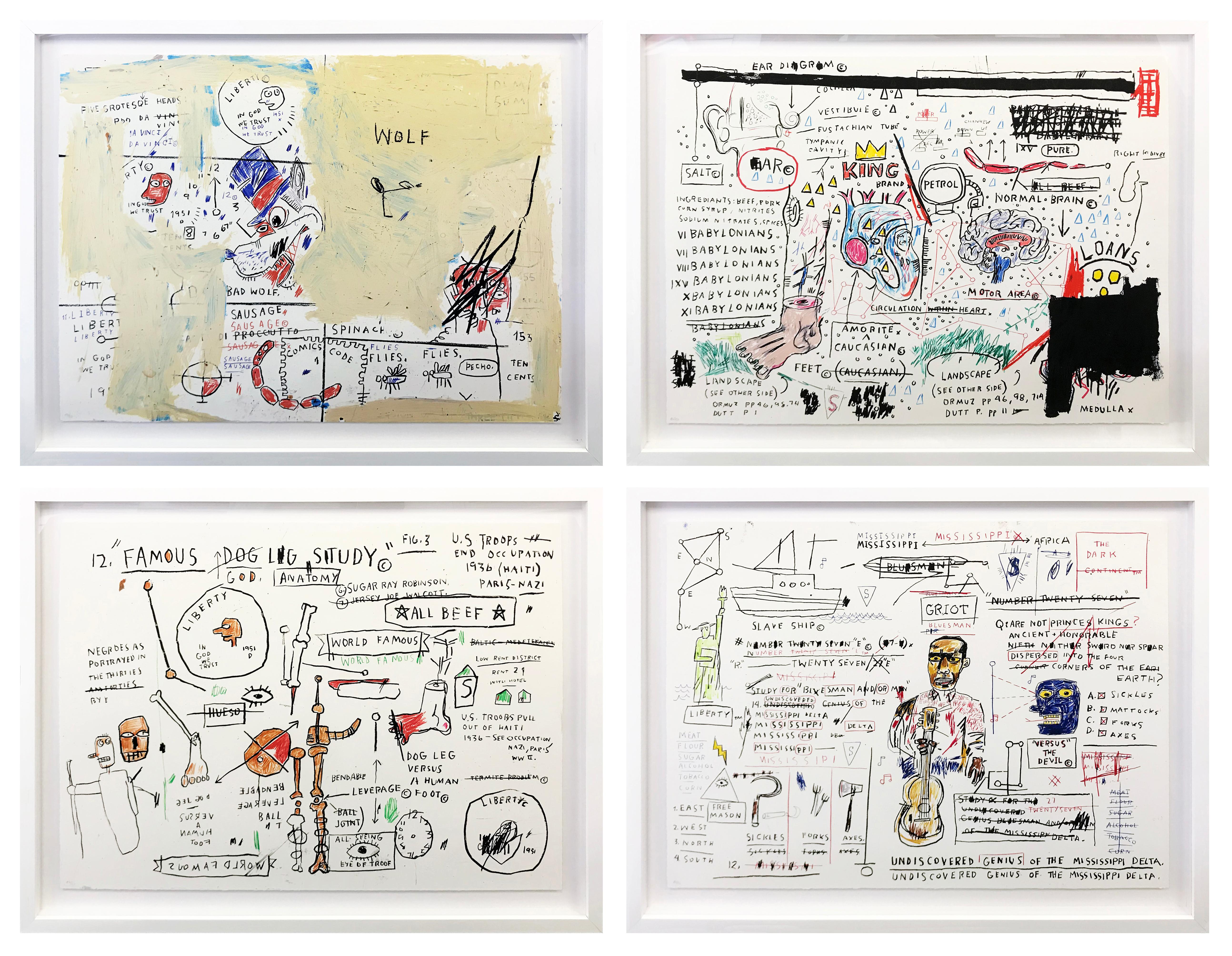 Jean-Michel Basquiat Portrait Print - PORTFOLIO OF WOLF SAUSAGE, KING BRAND, DOG LEG STUDY AND UNDISCOVERED GENUIS