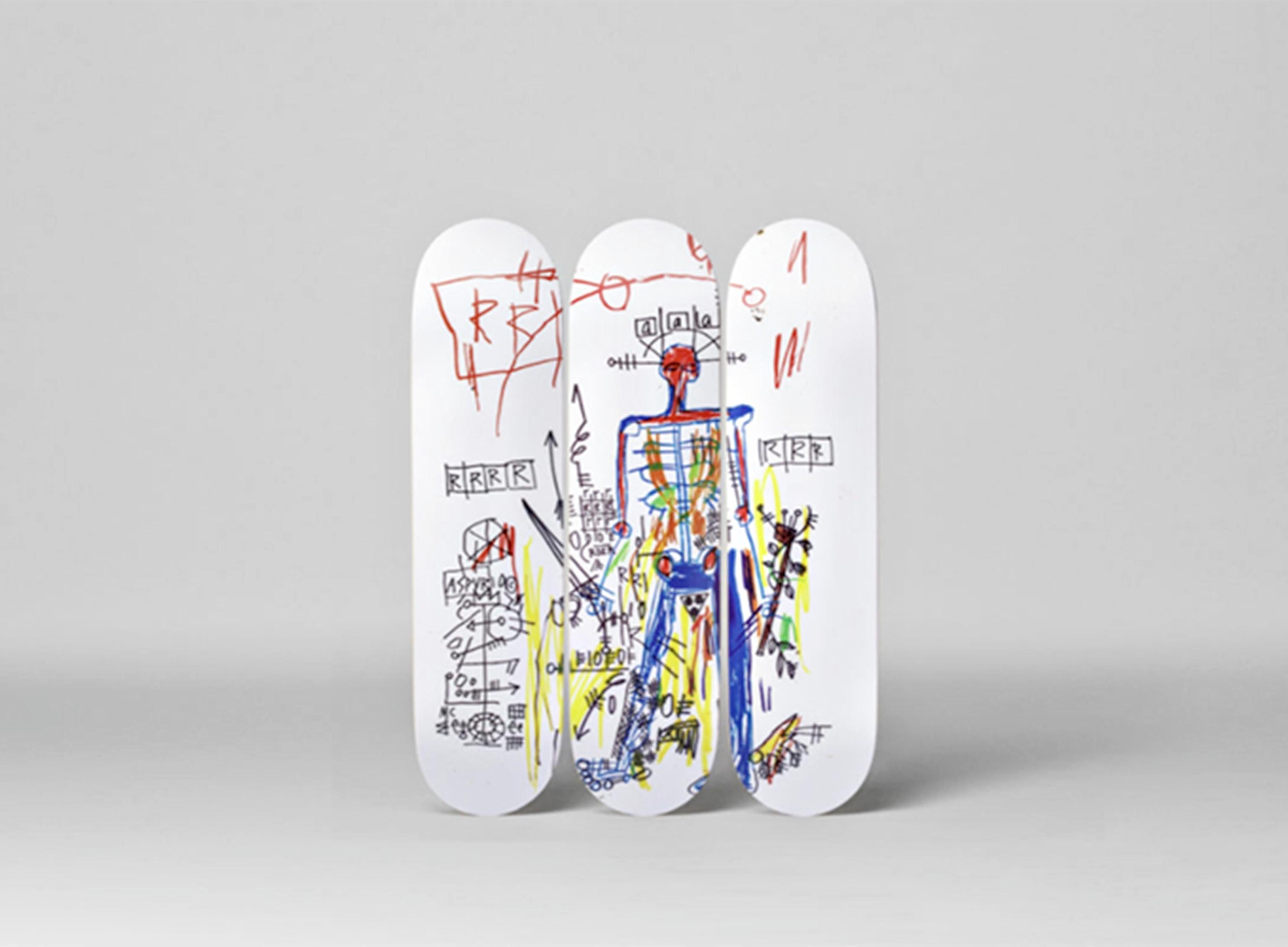 The Skateroom x Estate of Jean-Michel Basquiat
ROBOT Triptych (Set of Three (3) Skateboards), 2017
Set of 3 Silkscreens on 7-Ply Canadian Maplewood Skate Decks (Set of 3)
Estate of Jean-Michel Basquiat copyright and printed signature on the back
31