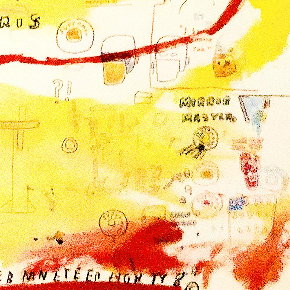 This wonderful litho was created by Jean Michel Basquiat for his exhibition at Yvon Lambert, Paris in 1988.
Super vibrant colors with many interesting details of images and words combined in Basquiat’s stylish easily recognizable style.
Lithograph
