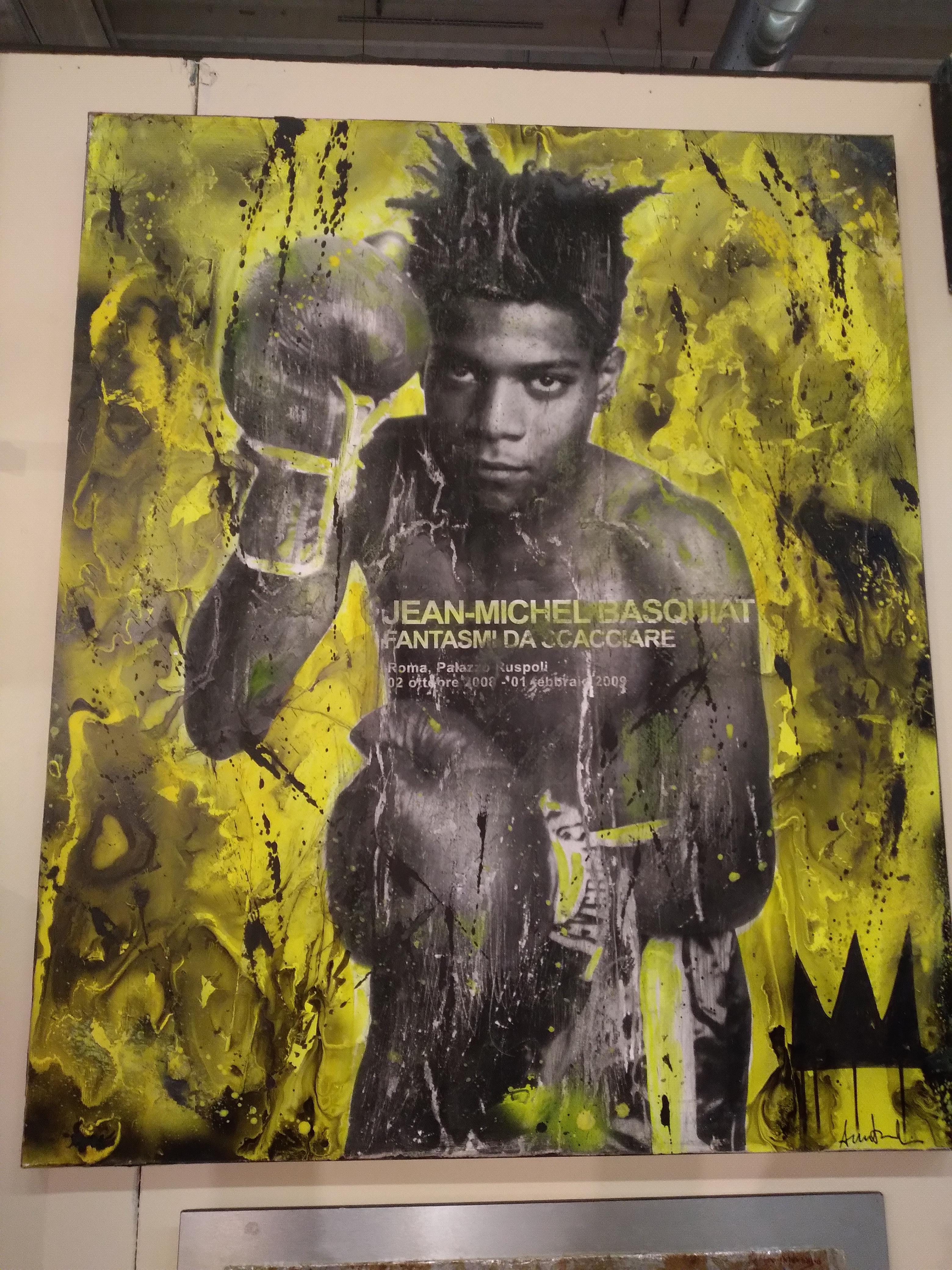 Painted Jean Michel Basquiat College and Picture  by Anna Bianchi 2020 For Sale