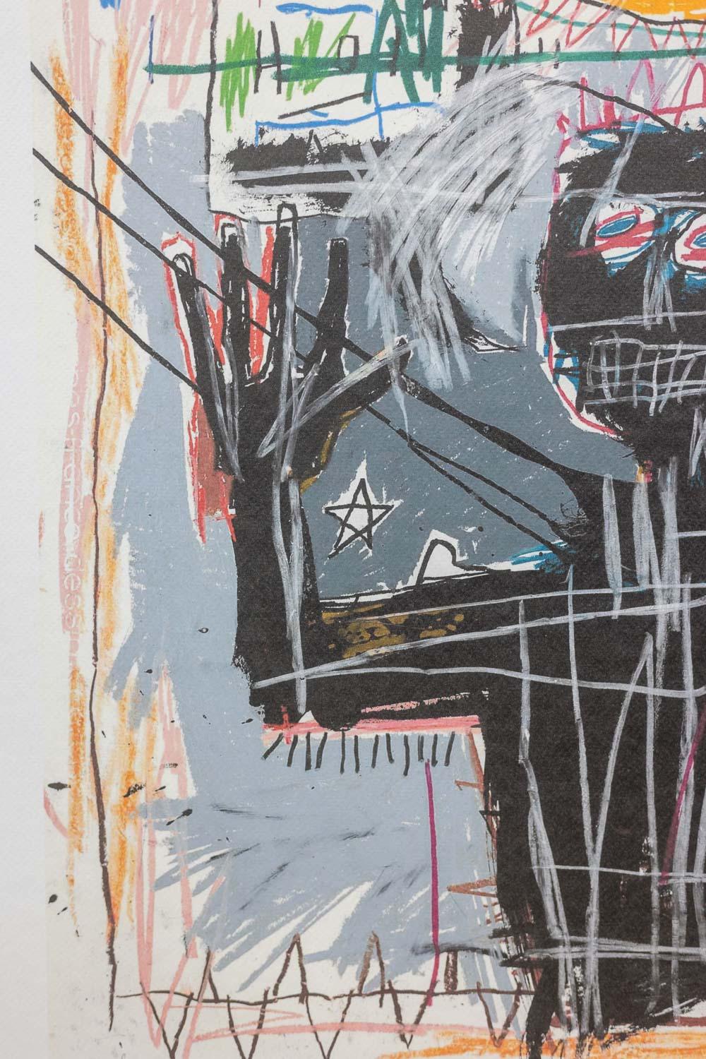 Jean-Michel Basquiat

Color silkscreen print in its light oak frame.

It is numbered 95/100 and bears the dry stamp of the publisher Rupert Jason Smith (who was Andy Warhol’s printer and publisher).

American work produced in the 1990s.

Dimensions: