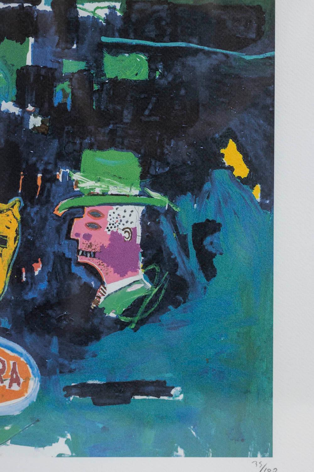 Jean-Michel Basquiat, signiert und nummeriert.

Abstrakter Siebdruck in Grün- und Blautönen in einem blonden Eichenrahmen.

Amerikanische Arbeiten aus den 1990er Jahren.

Nummeriert 75/100.

Abmessungen: H 50 x B 70 x T 2 cm

Referenz: LS5848D131A