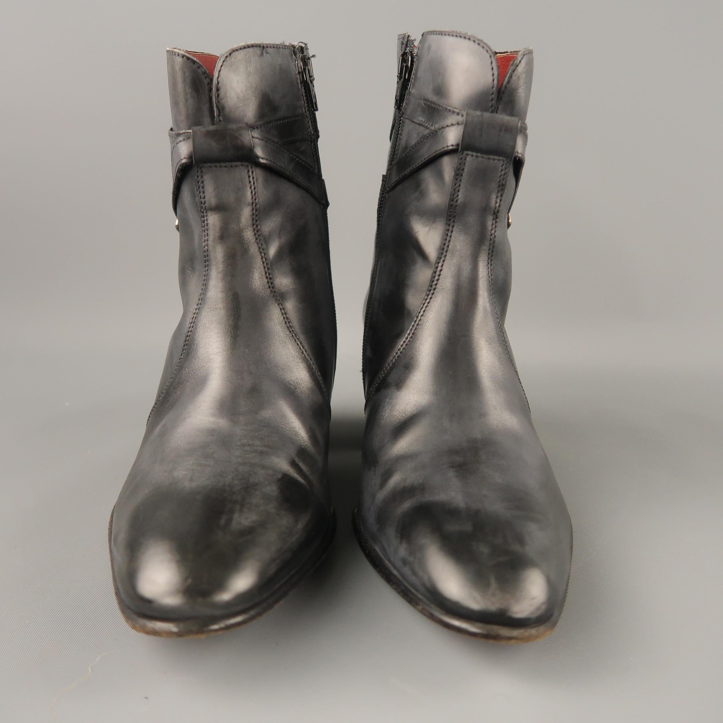 JEAN-MICHEL CAZABAT Size 8 Black & Grey Antique Leather Wrap Around Boots 3
