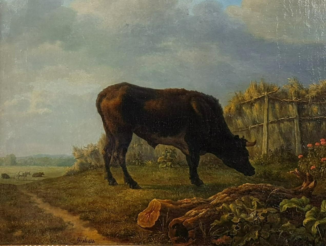 Painting Oil canvas CELS Romantic belgian Landscape animal mid 19th Bull Field For Sale 1