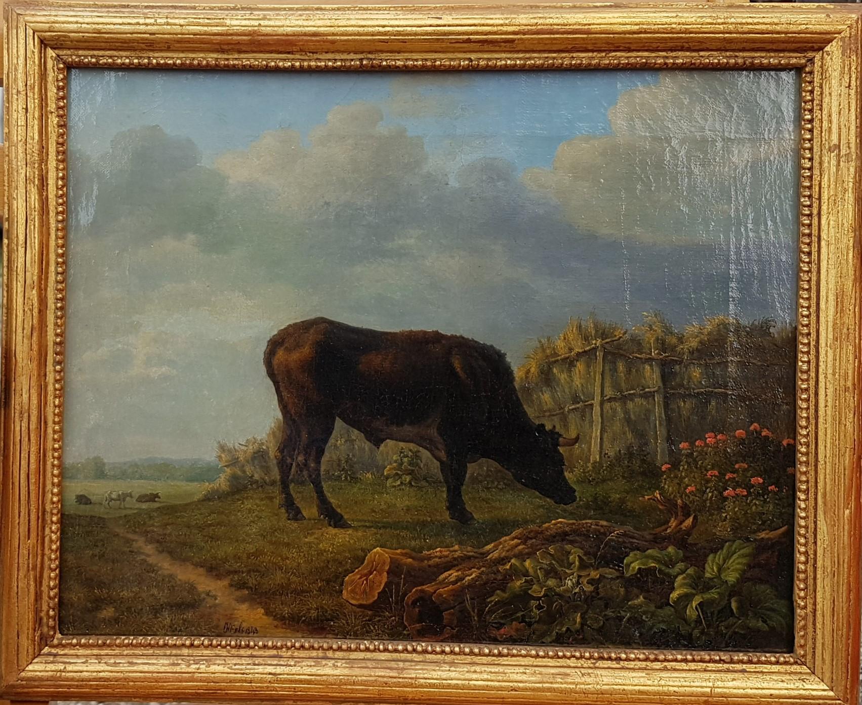 Painting Oil canvas CELS Romantic belgian Landscape animal mid 19th Bull Field For Sale 2