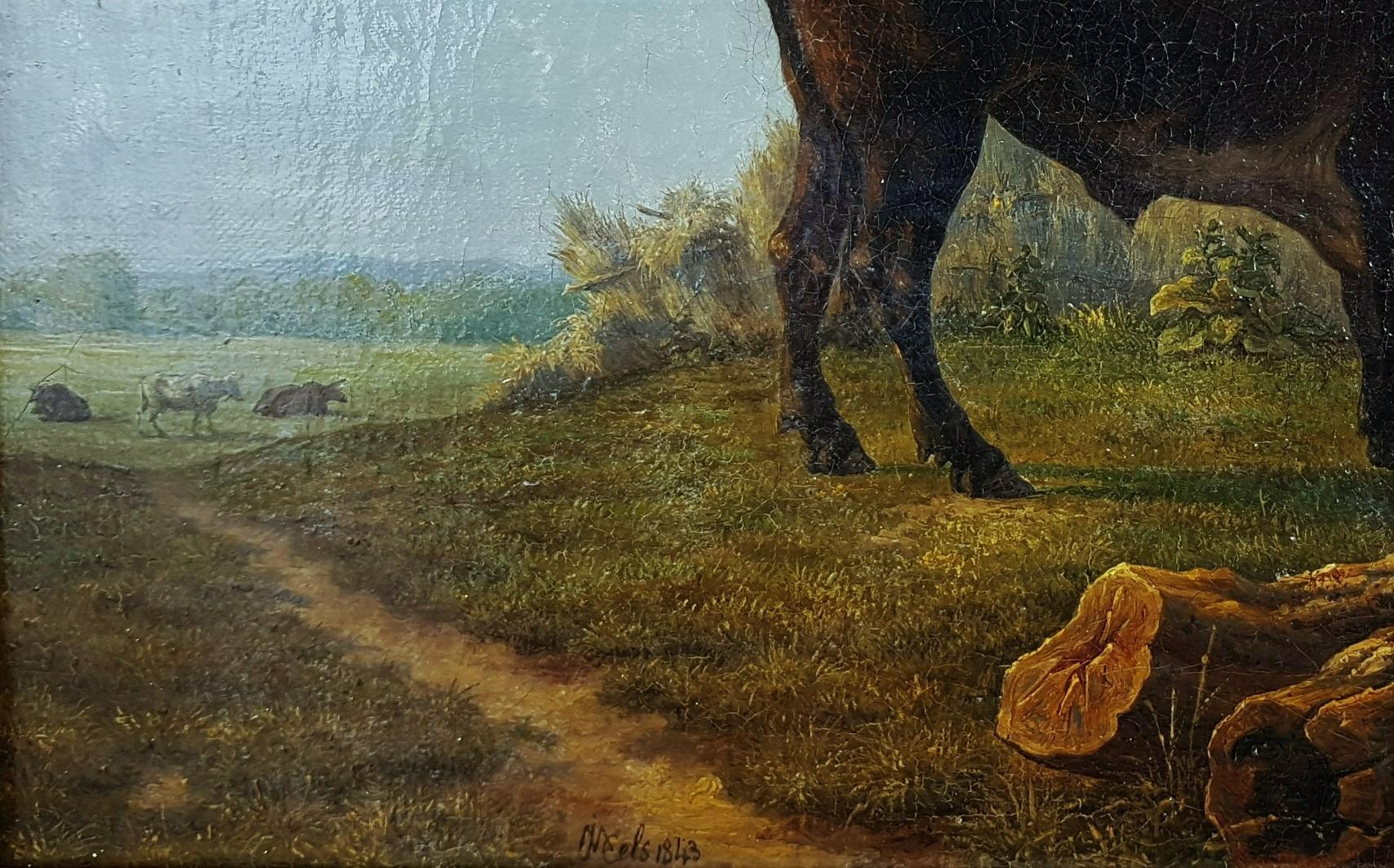 Painting Oil canvas CELS Romantic belgian Landscape animal mid 19th Bull Field For Sale 3