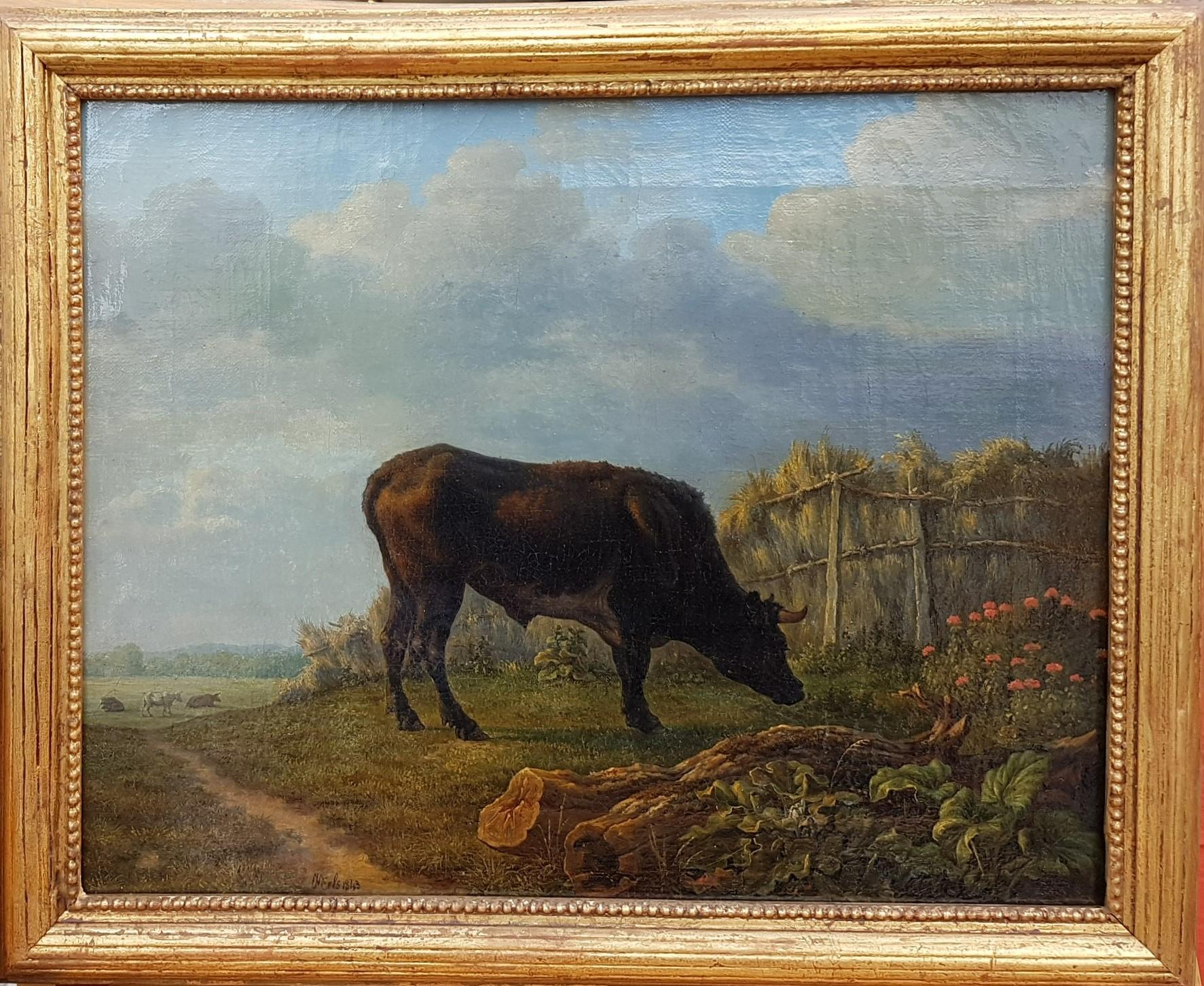 Painting Oil canvas CELS Romantic belgian Landscape animal mid 19th Bull Field