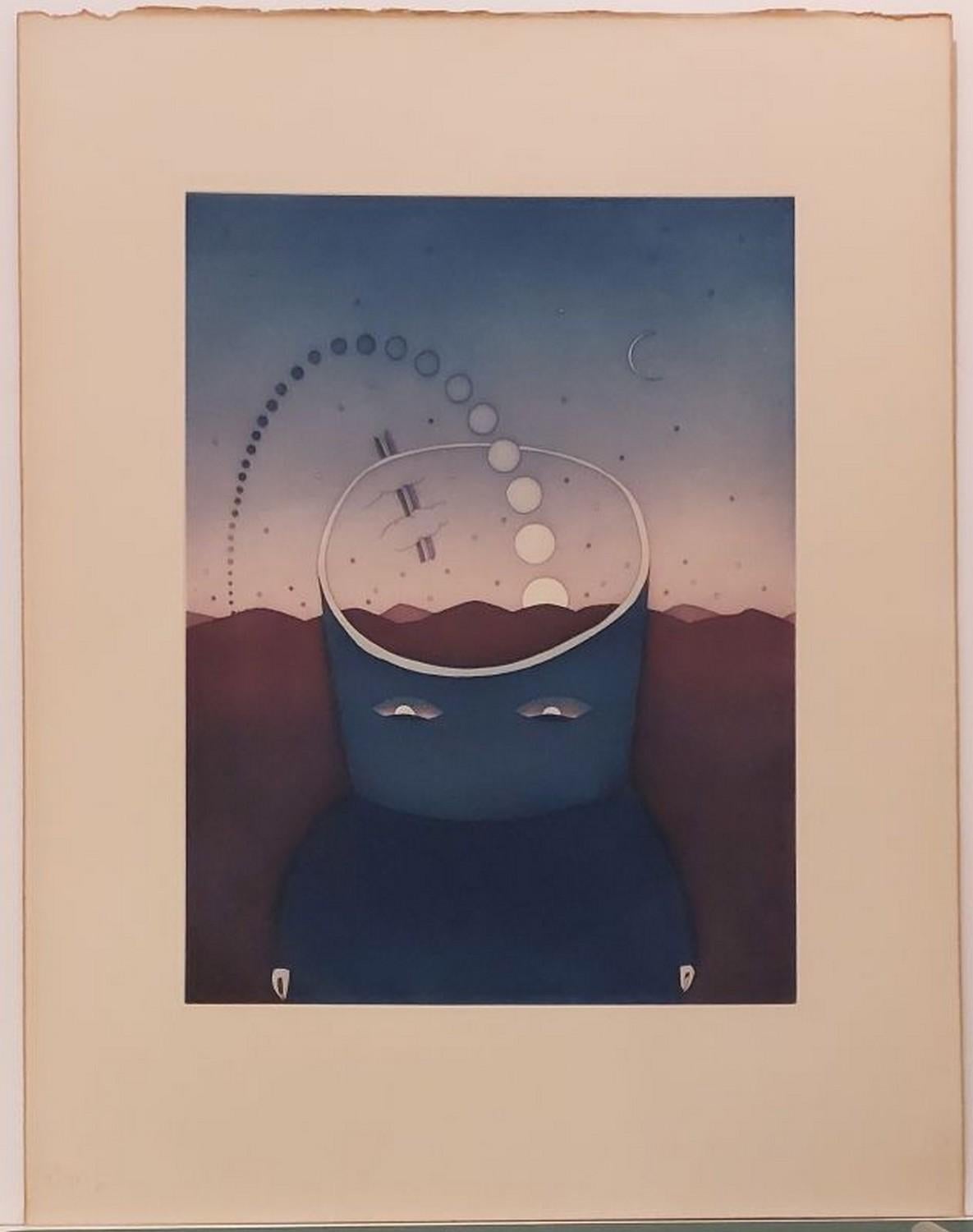 Jean Michel Folon Abstract Print - Moon phase man 