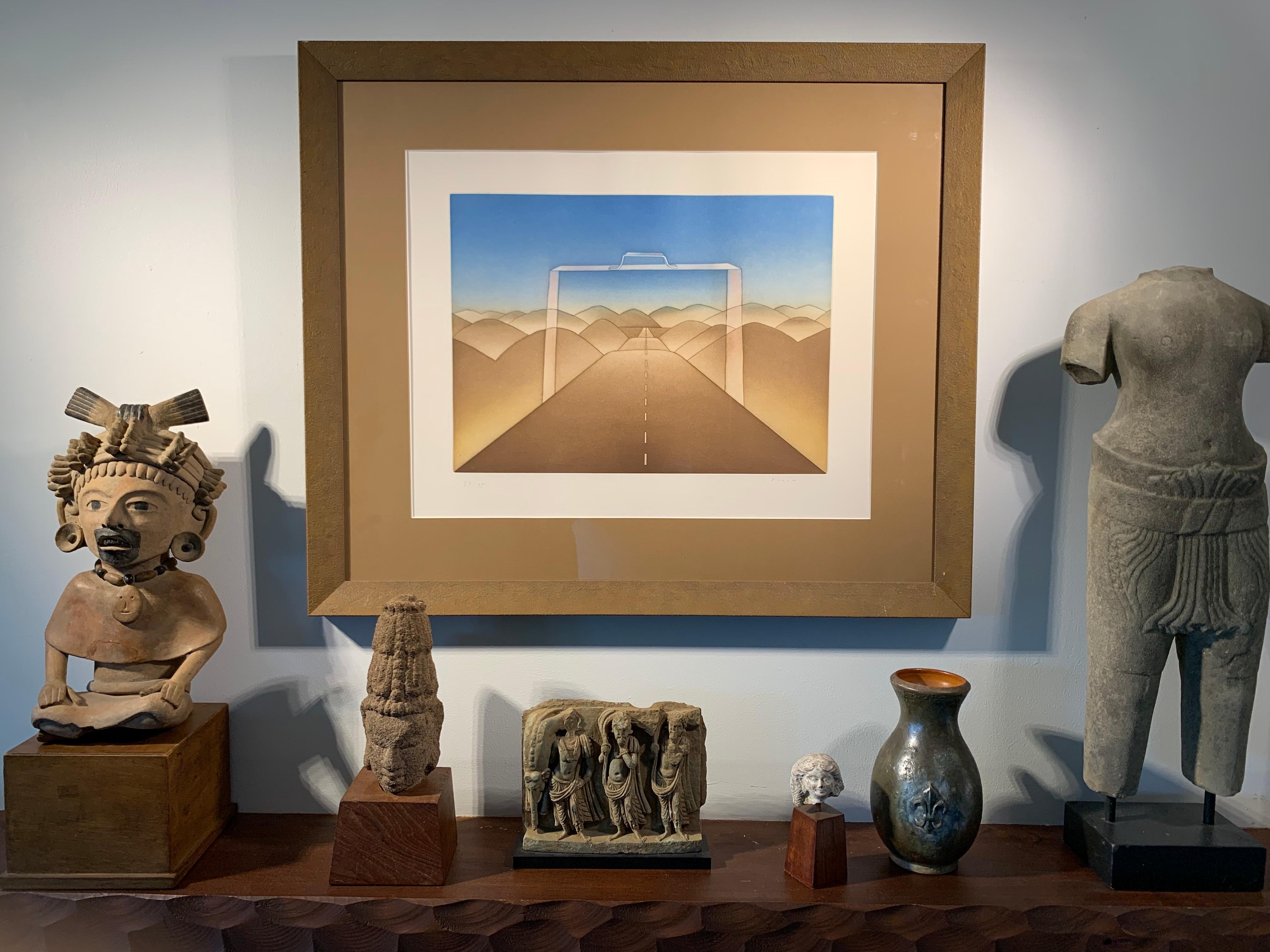 The Suitcase (landage surréaliste) - Marron Landscape Print par Jean Michel Folon