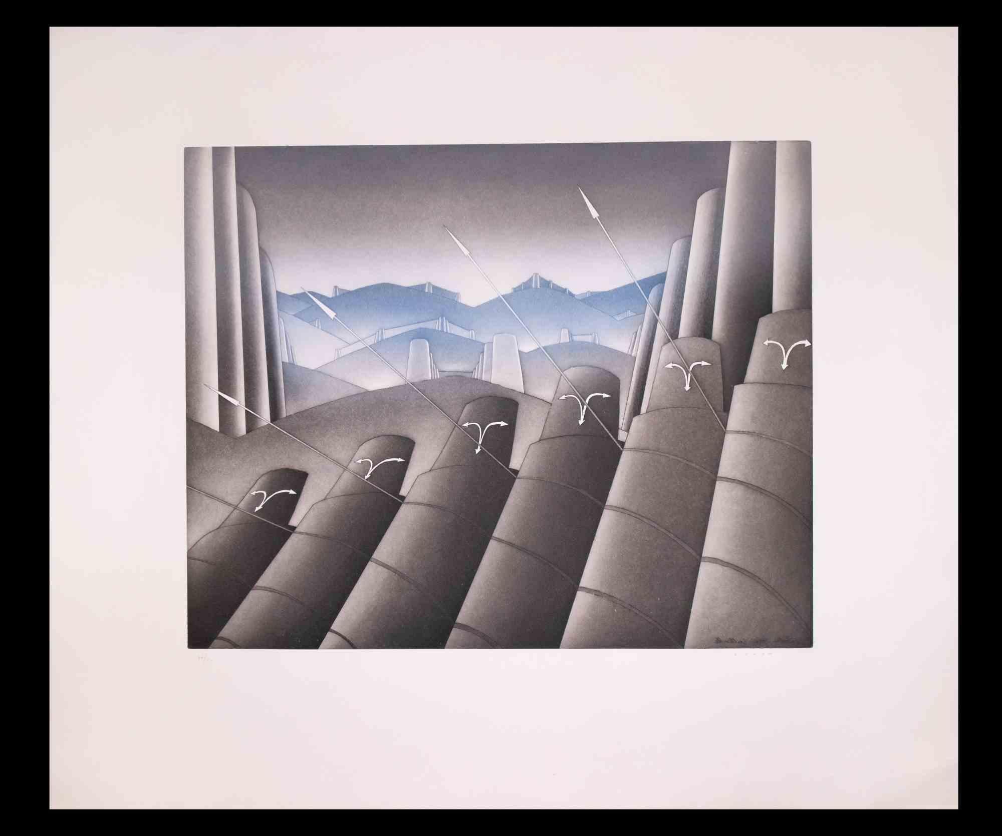 Paisaje urbano es una obra de arte moderno realizada por el ilustrador belga Jean-Michel Folon (1934- 2005). 

Aguafuerte y aguatinta originales. 

Firmado a mano y numerado en el margen inferior 41/50.

87x75 cm

Buenas condiciones.

El ilustrador,