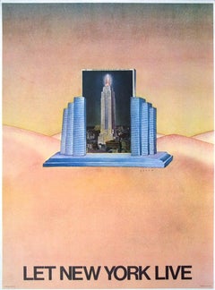 Retro 1980 Jean-Michel Folon 'Let New York Live' Surrealism Pastel, Pink, Blue France 