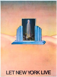 Vintage Jean-Michel Folon-Let New York Live-31" x 23"-Poster-1980-Surrealism-Pastel