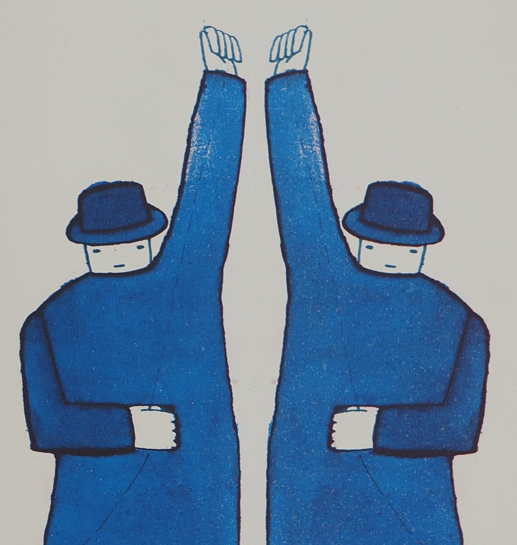 Gemelos : Hombres en un espejo - Grabado : Tarjeta de felicitación para Galerie Chave 1977 - Print de Jean-Michel Folon