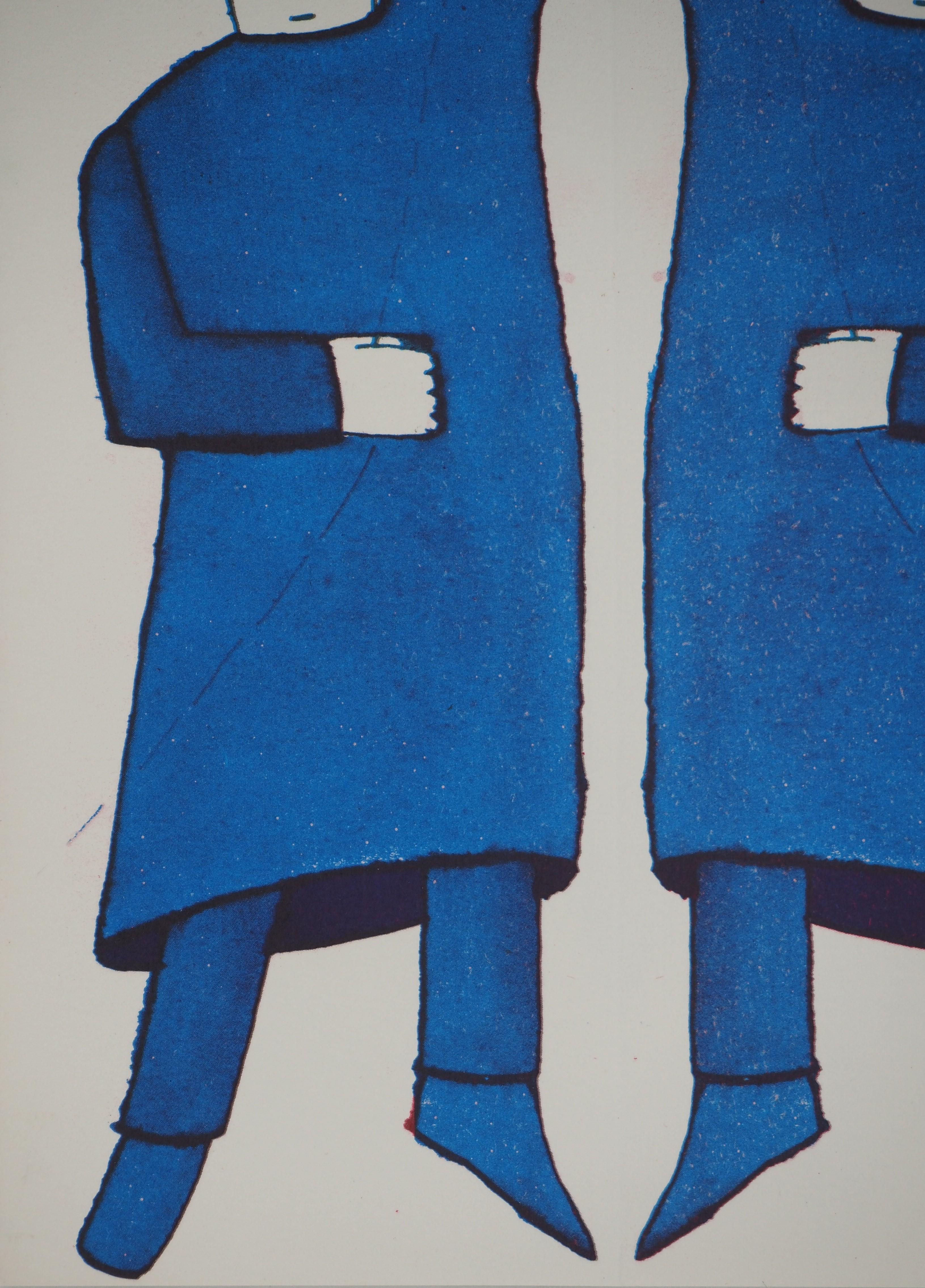 Gemelos : Hombres en un espejo - Grabado : Tarjeta de felicitación para Galerie Chave 1977 - Print Surrealista de Jean-Michel Folon