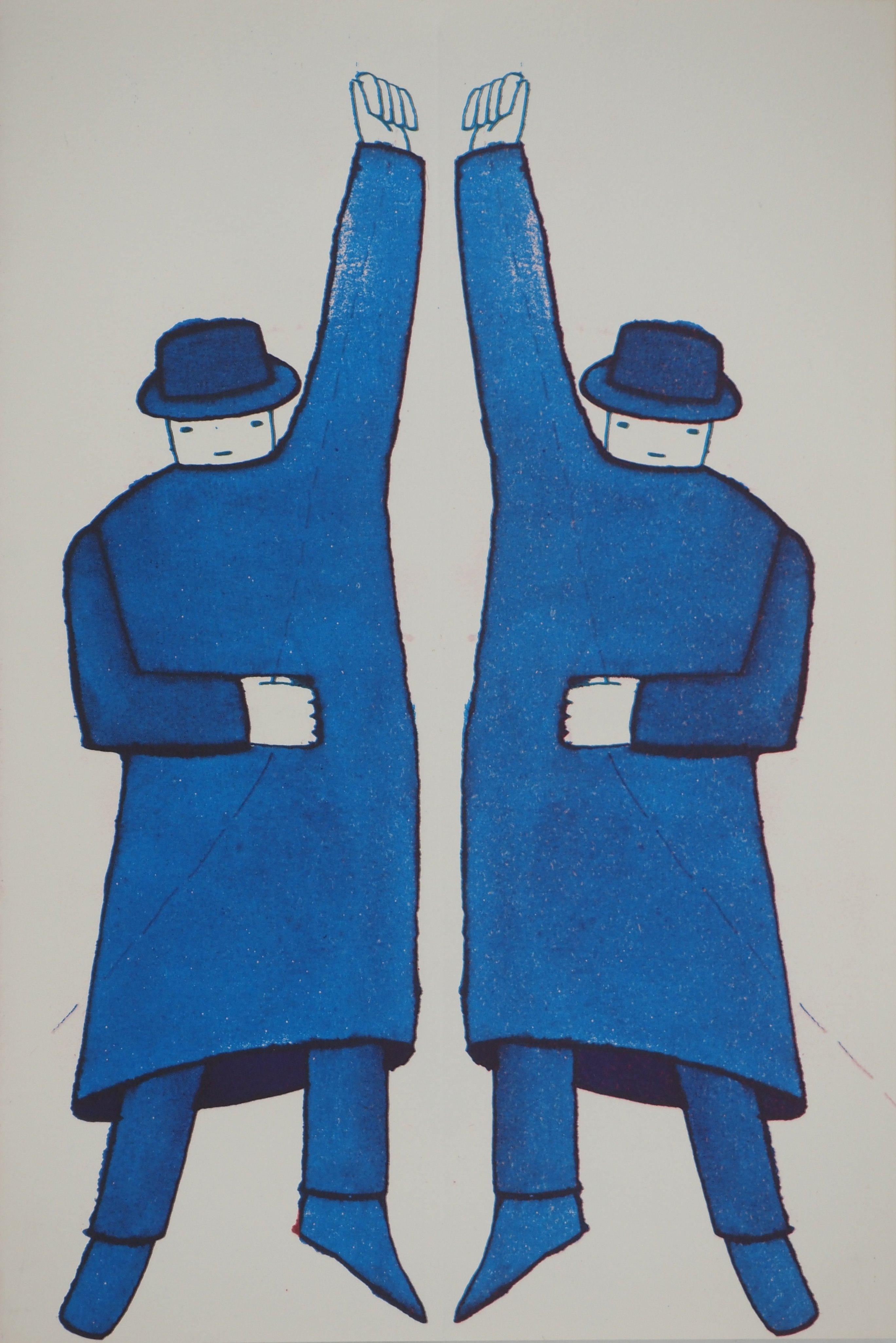 Figurative Print de Jean-Michel Folon - Gemelos : Hombres en un espejo - Grabado : Tarjeta de felicitación para Galerie Chave 1977