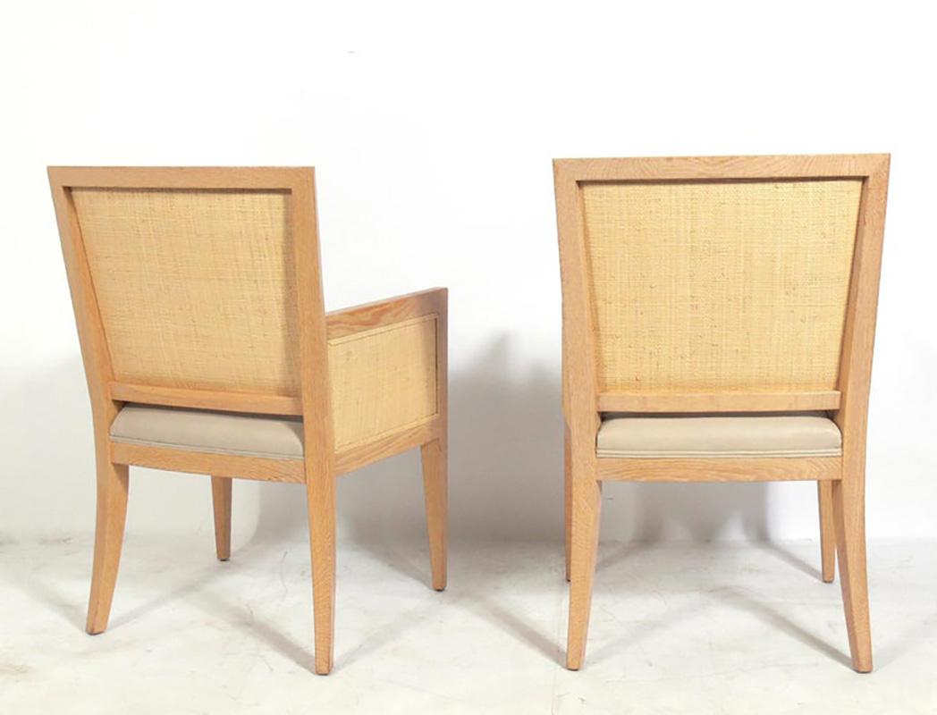 American Jean Michel Frank Design Pair of Limed Oak and Caned Chairs Art Deco Style For Sale