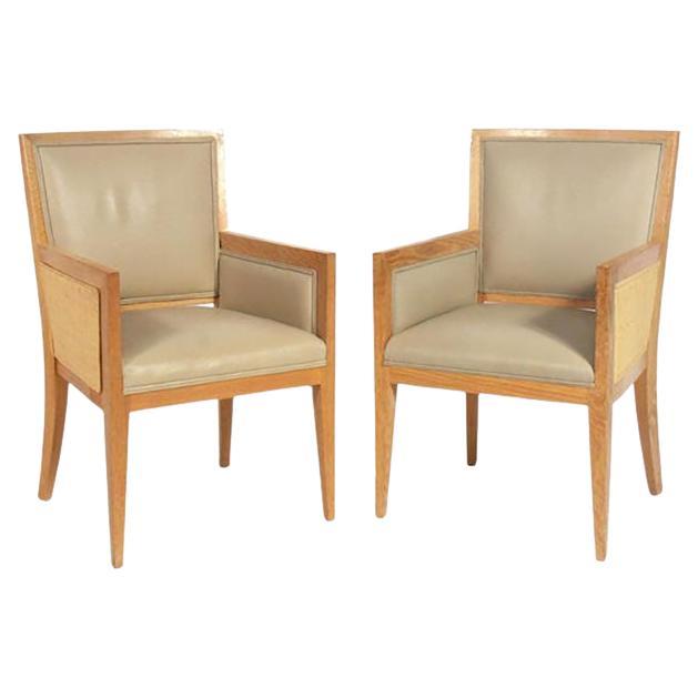 Jean Michel Frank Design Pair of Limed Oak and Caned Chairs Art Deco Style For Sale