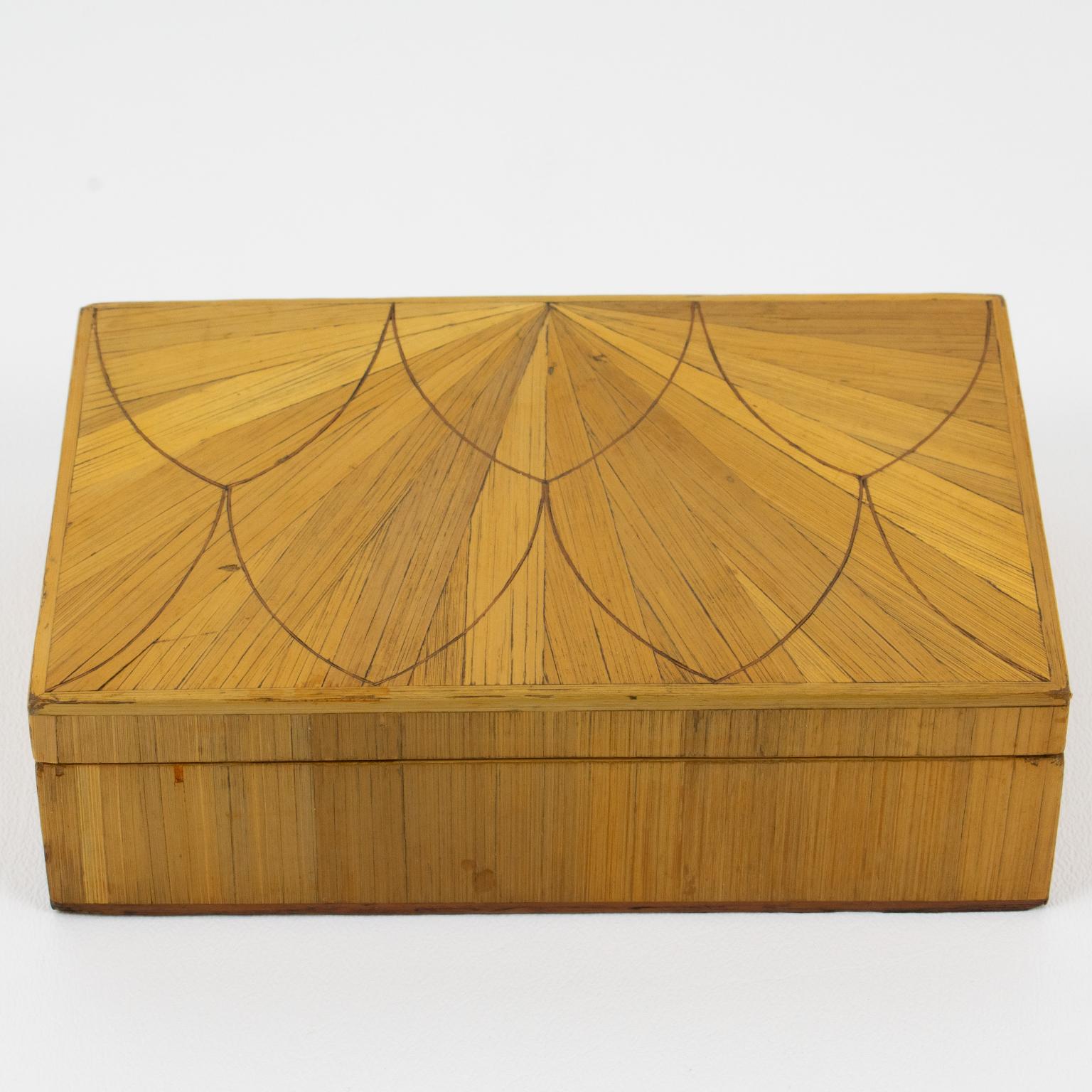 French Jean Michel Frank Geometric Straw Marquetry Box, France circa 1930 For Sale
