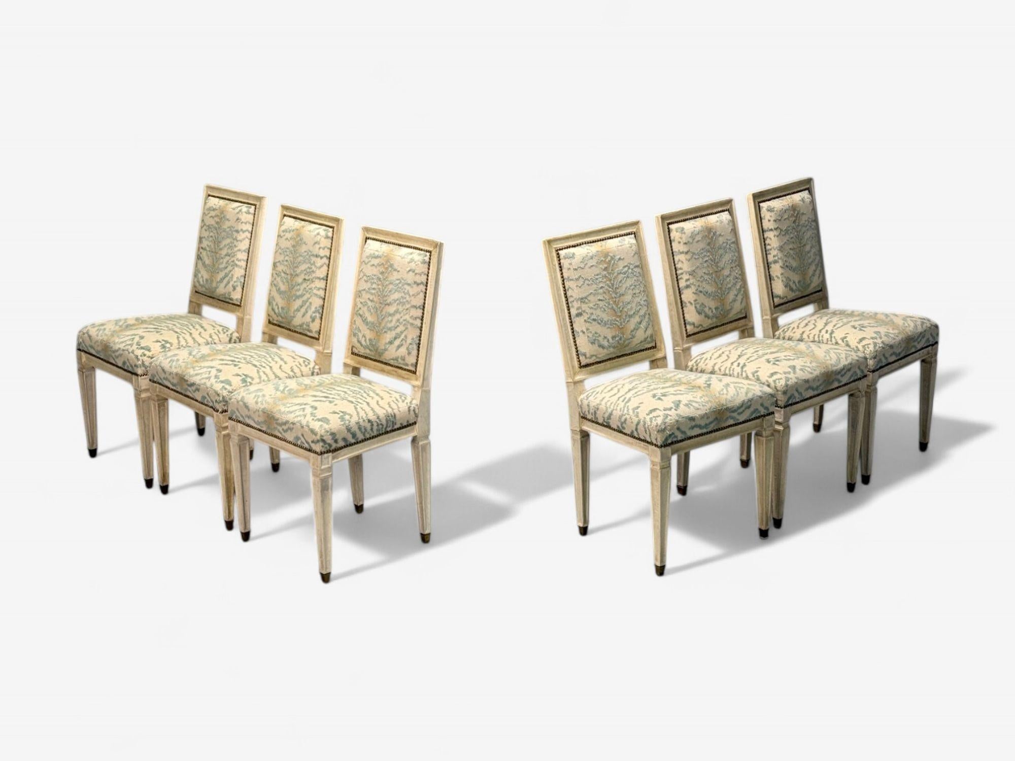 French Stamped Jean-Michel Frank, Louis XVI Style, Parchment, Six Dining Chairs, 1930s For Sale