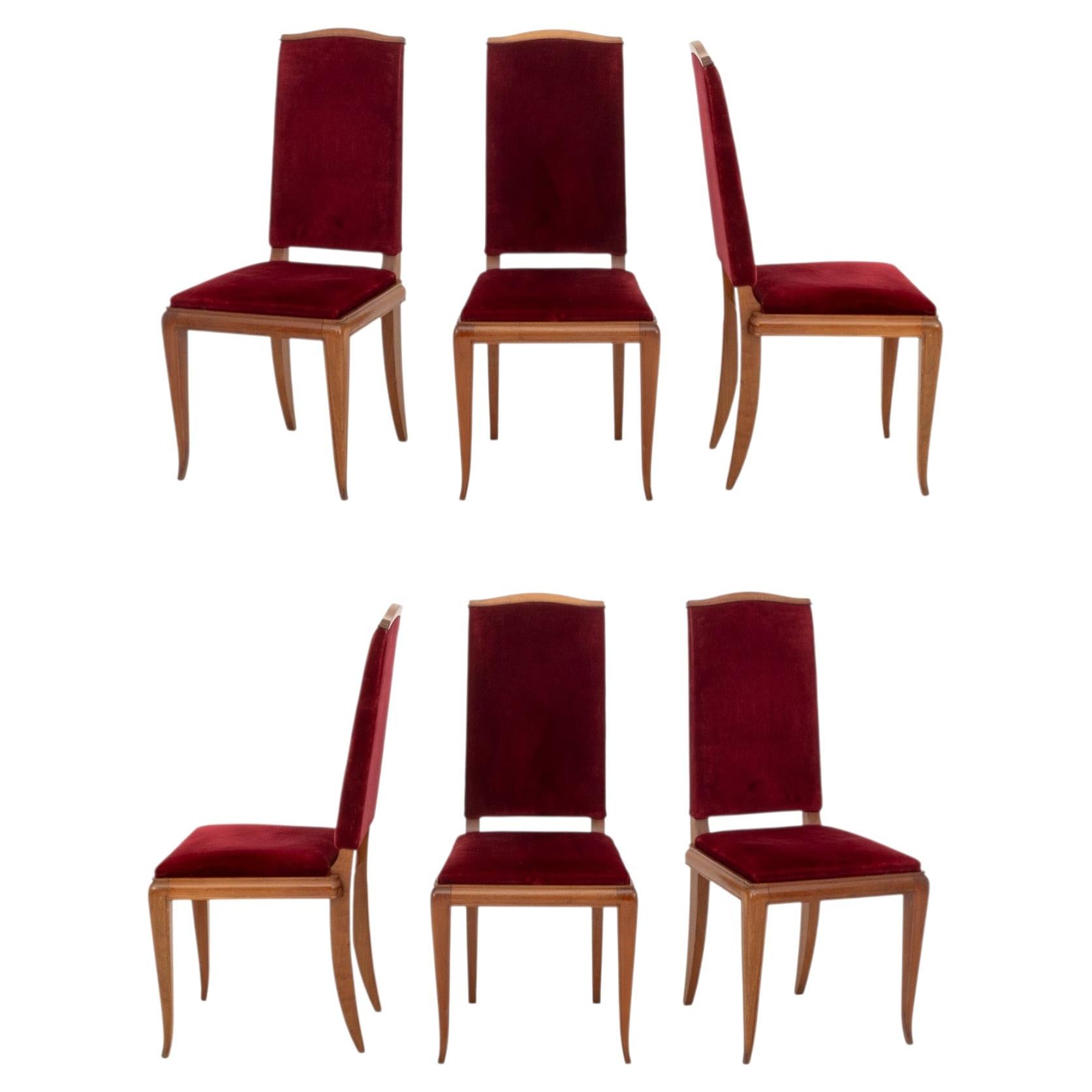 Jean-Michel Frank Style Art Deco Velvet Upholstered Cherry Wood Dining Chairs, 6