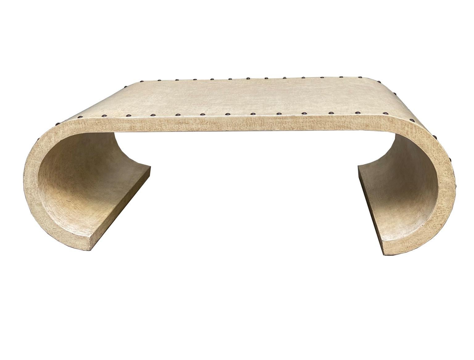 Late 20th Century Jean-Michel Frank Style Goatskin Parchment Waterfall Coffee Table For Sale