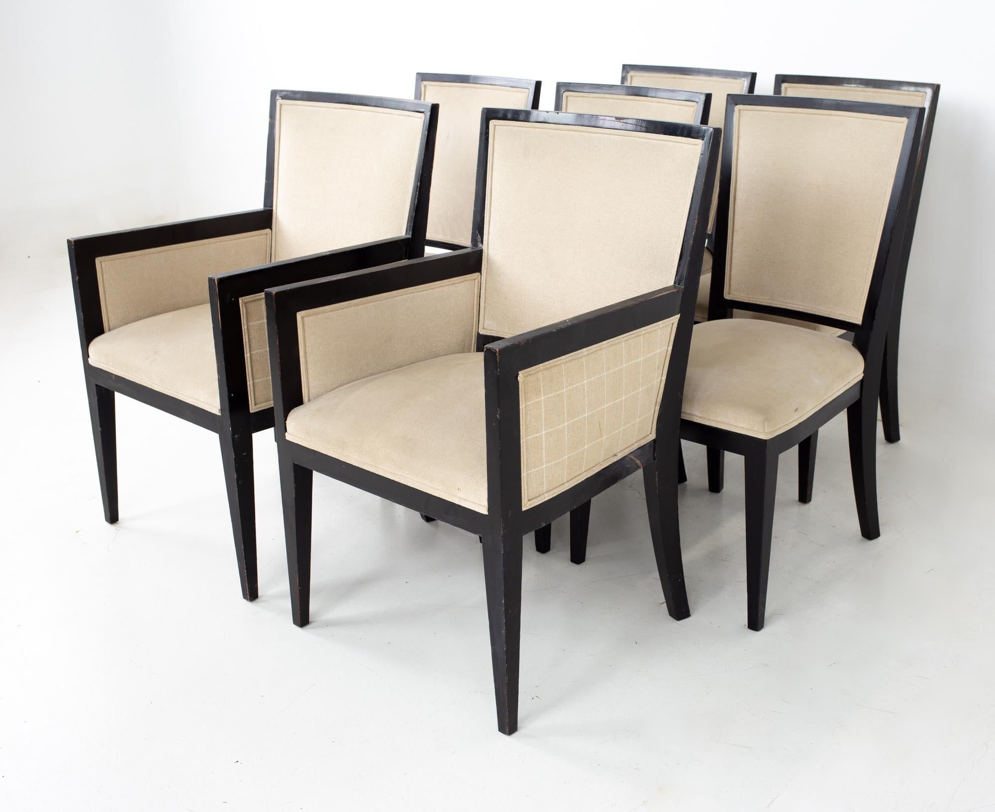 Jean Michel Frank style Mattaliano mid century ebonized mahogany dining chairs - set of 7.
Each chair measures: 22 wide x 20.5 deep x 36 high, with a seat height of 19 inches and arm height of 25.5 inches 

All pieces of furniture can be had in