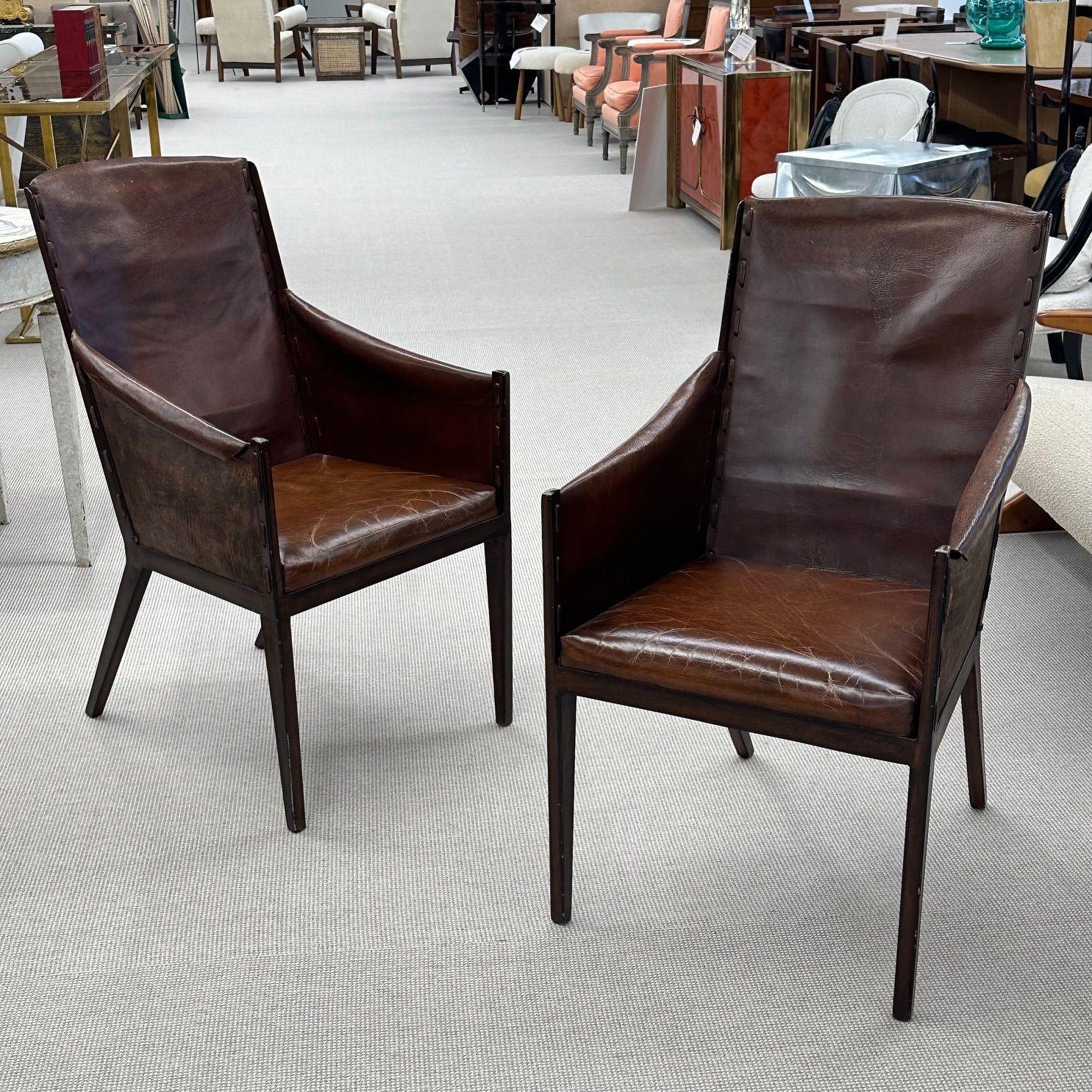 Jean-Michel Frank Style, Mid-Century Modern, Arm Chairs, Distressed Brown Leather

Pair of Jean Michel Frank style arm chairs. Weathered, heavy gauge distressed leather wrapped on patinated iron frames. Strong and sturdy with high backs. Great for